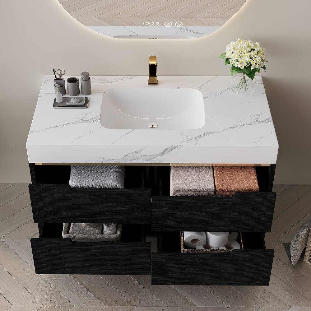 Alt View 2. Loheer - Loheer 35.4 inch modern bathroom vanity with undermount sink, Sintered Stone Top, 4 Drawers, Black - Black, White.
