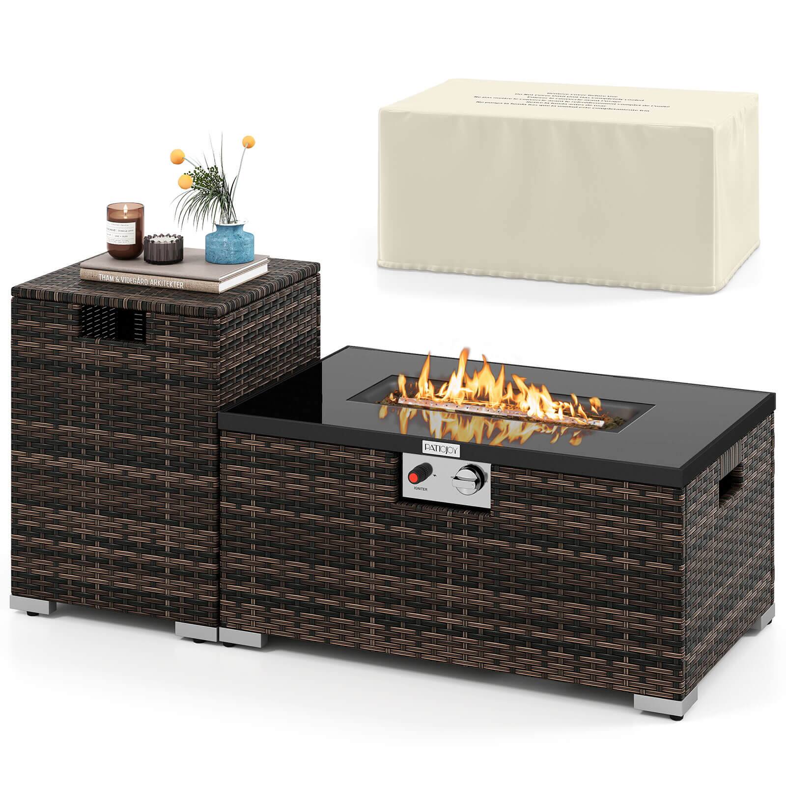 Costway - 2 PCS Outdoor Rattan Fire Table Set with Tank Cover Tempered Glass Tabletop - Brown