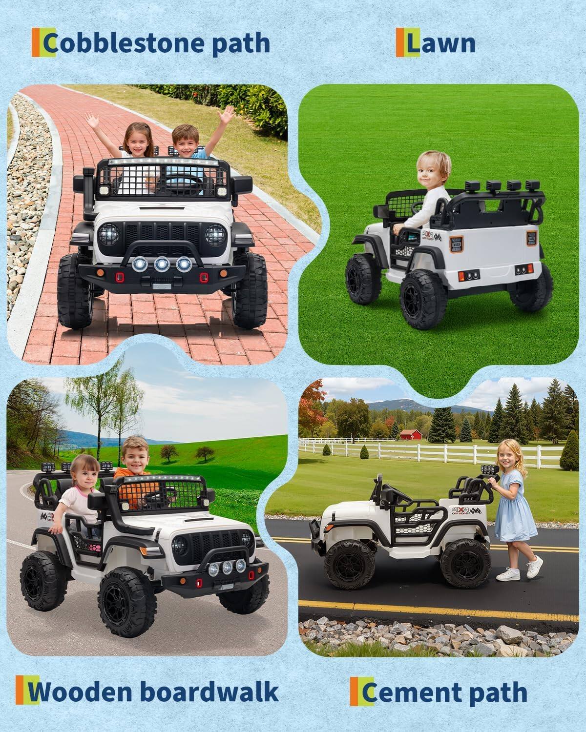 Cobblestone path  
Lawn  
Wooden boardwalk  
Cement path