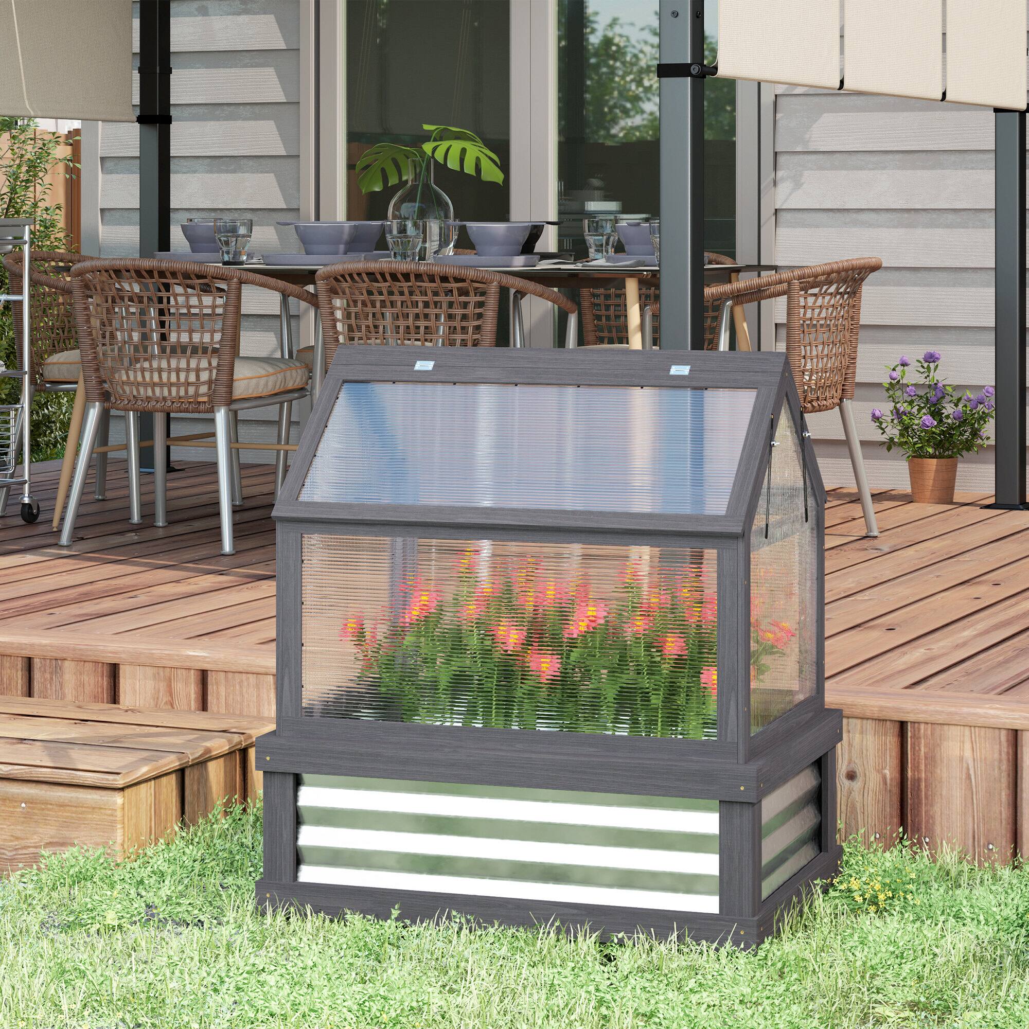 Outsunny Raised Garden Flower Bed Kit with Greenhouse, Wooden Cold