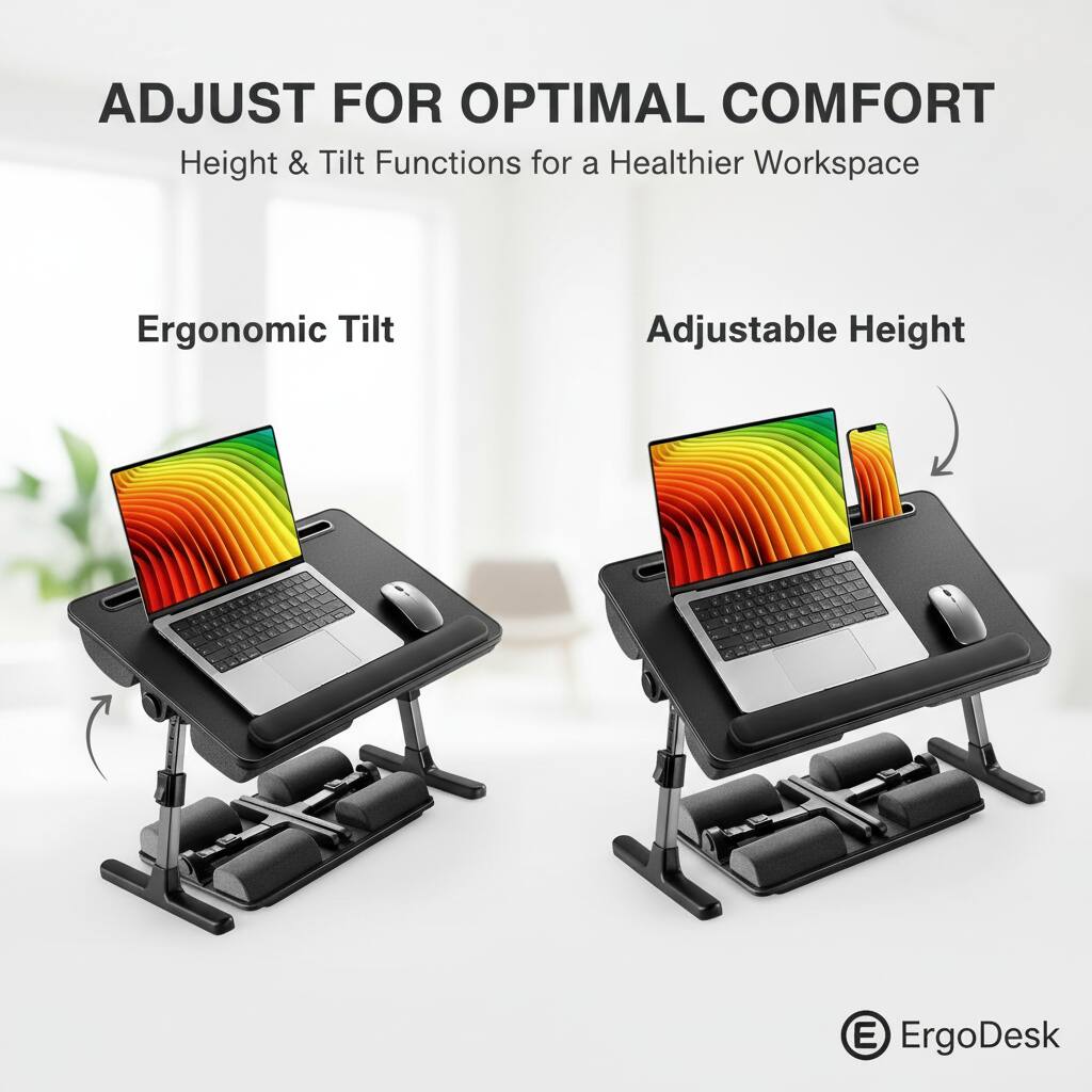 ADJUST FOR OPTIMAL COMFORT  
Height & Tilt Functions for a Healthier Workspace  

Ergonomic Tilt  
Adjustable Height  

E ErgoDesk