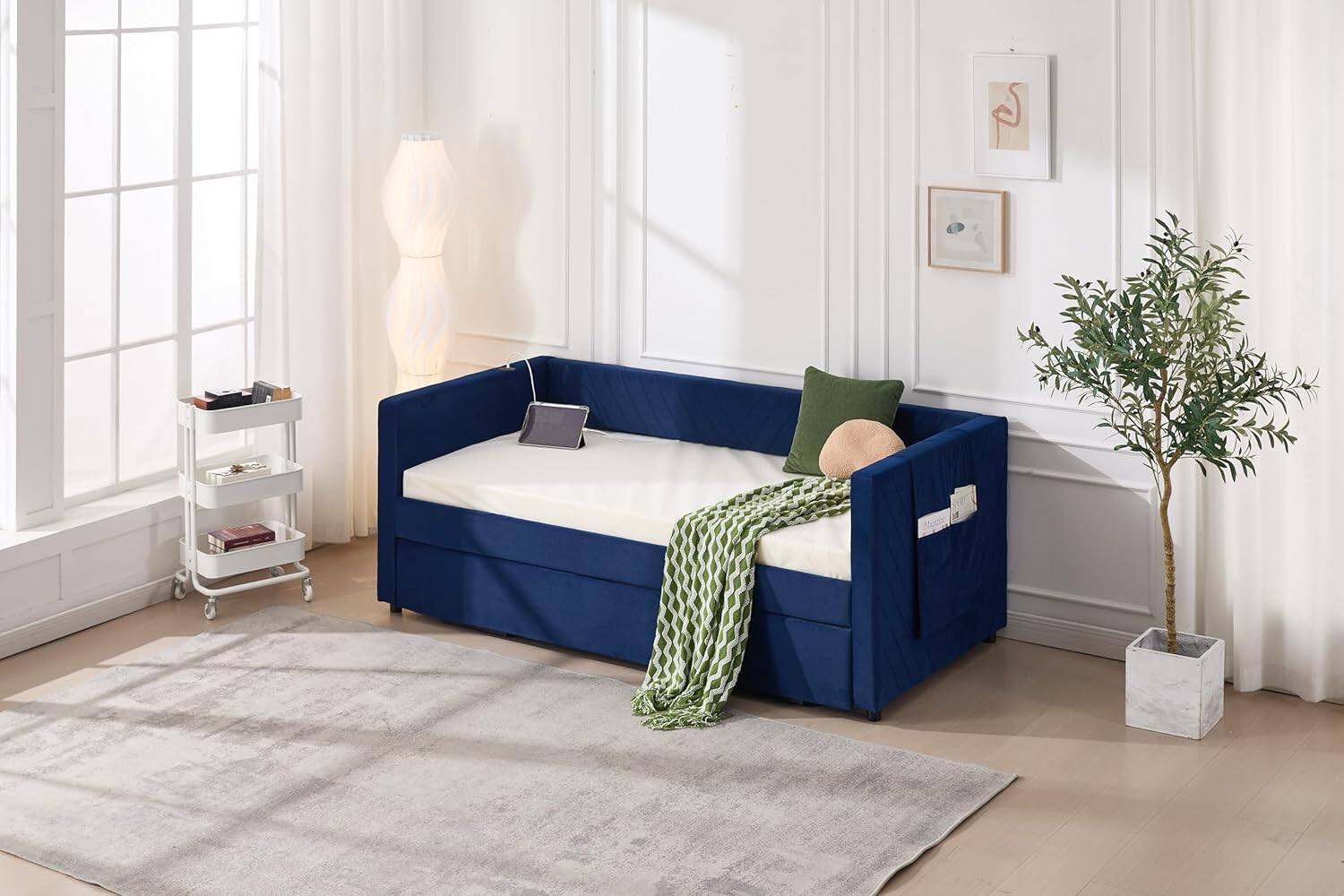 Alt View 5. Trinkets Crazed - Twin Daybed with Pop Up Trundle, Velvet Upholstered Extendable Daybed with USB Ports & Pockets - blue.