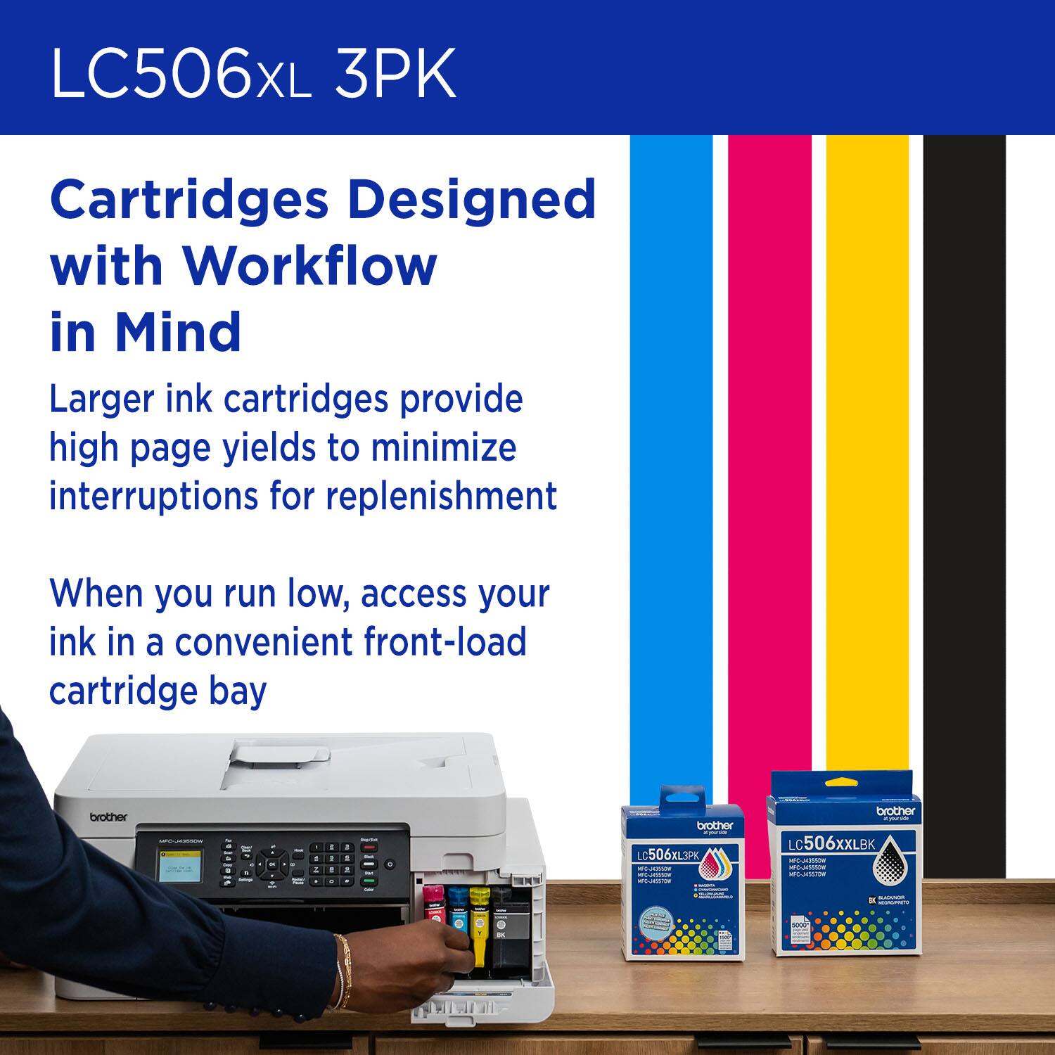 LC506XL 3PK Cartridges Designed with Workflow in Mind
Larger ink cartridges provide high page yields to minimize interruptions for replenishment
When you run low, access your ink in a convenient front-load cartridge bay
brother
LC506XL3PK
brother
LC 506xXLBK