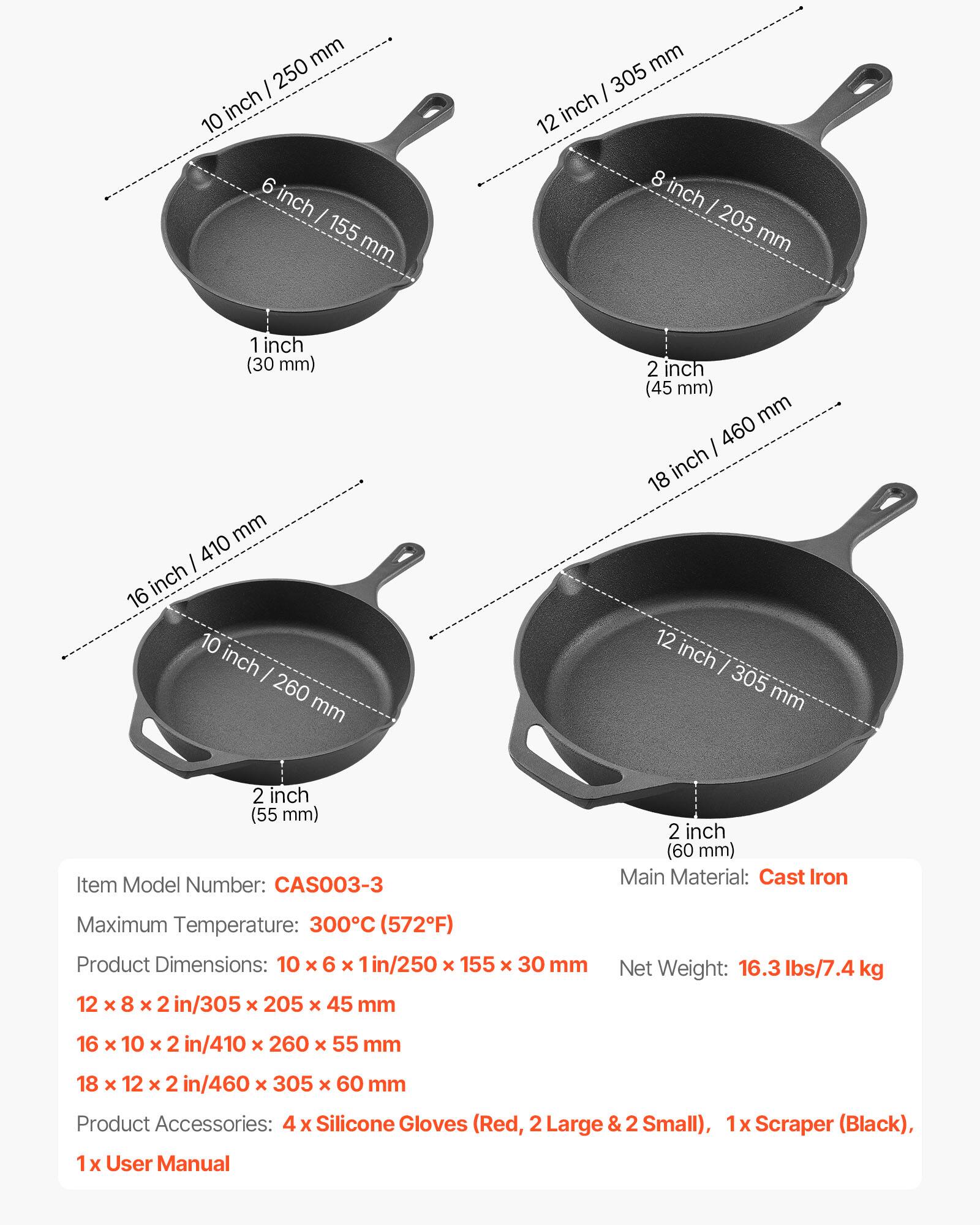VEVOR - Cast Iron Skillet Set, 4-Piece Frying Pan Collection (6, 8, 10, 12 in), Pre-Seasoned Pans with Silicone Handles - Black - Thumbnail 4