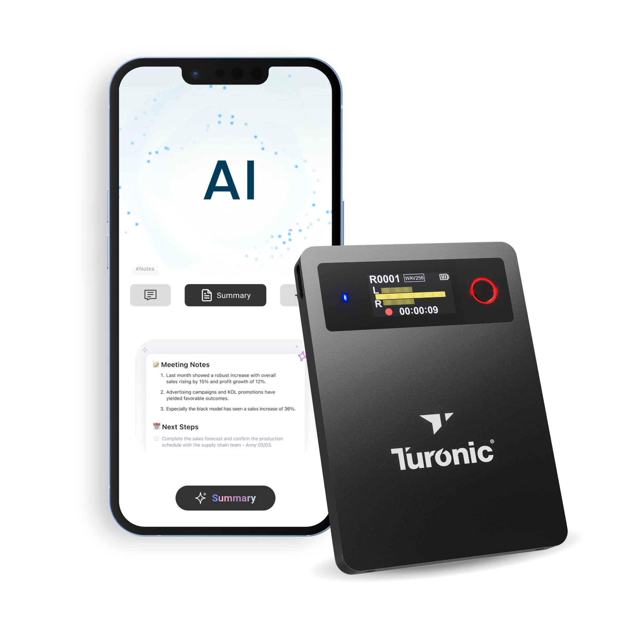 Turonic - L813 AI Voice Recorder with AI Technology – 128GB, USB-C, Dual Mics, Noise Canceling, Transcription, File Security - Black