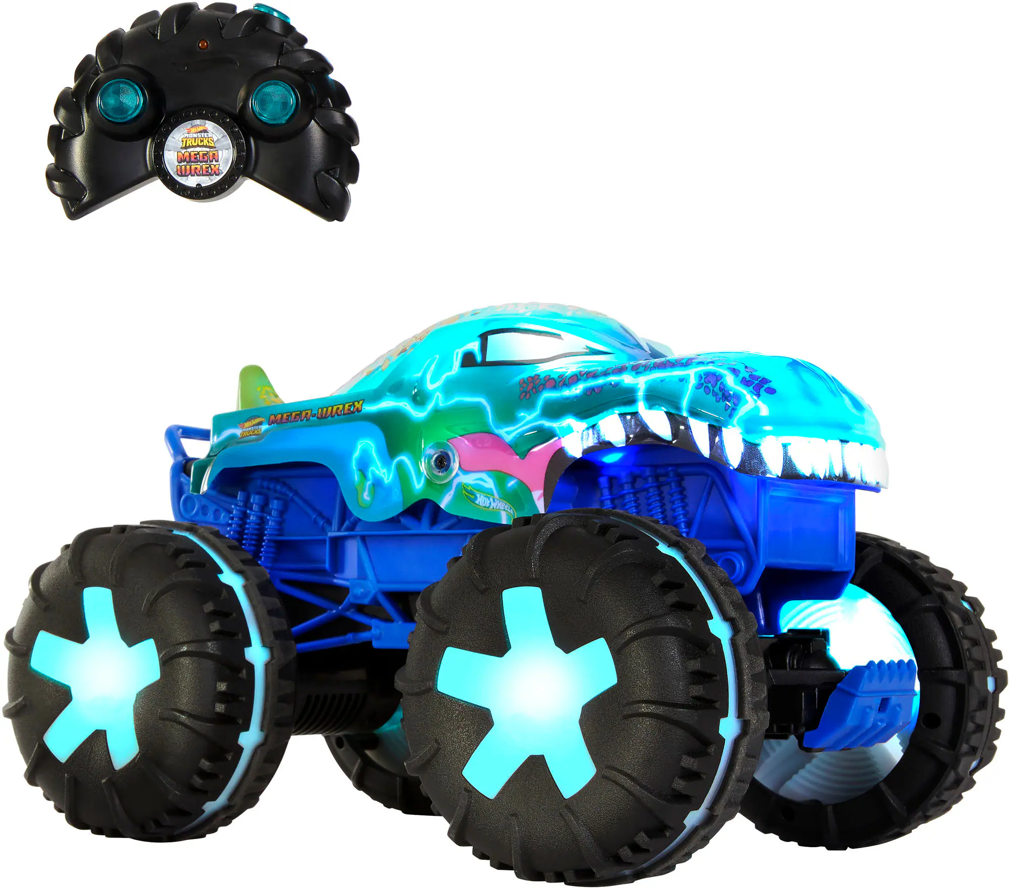 The image features a blue and green toy truck with large wheels, which is likely a remote control car. The truck is designed with a dinosaur theme, adding a unique and fun element to the toy. The wheels of the truck are quite large, making it stand out and providing a fun play experience. The toy is placed on a white background, which helps to emphasize the vibrant colors and details of the truck.