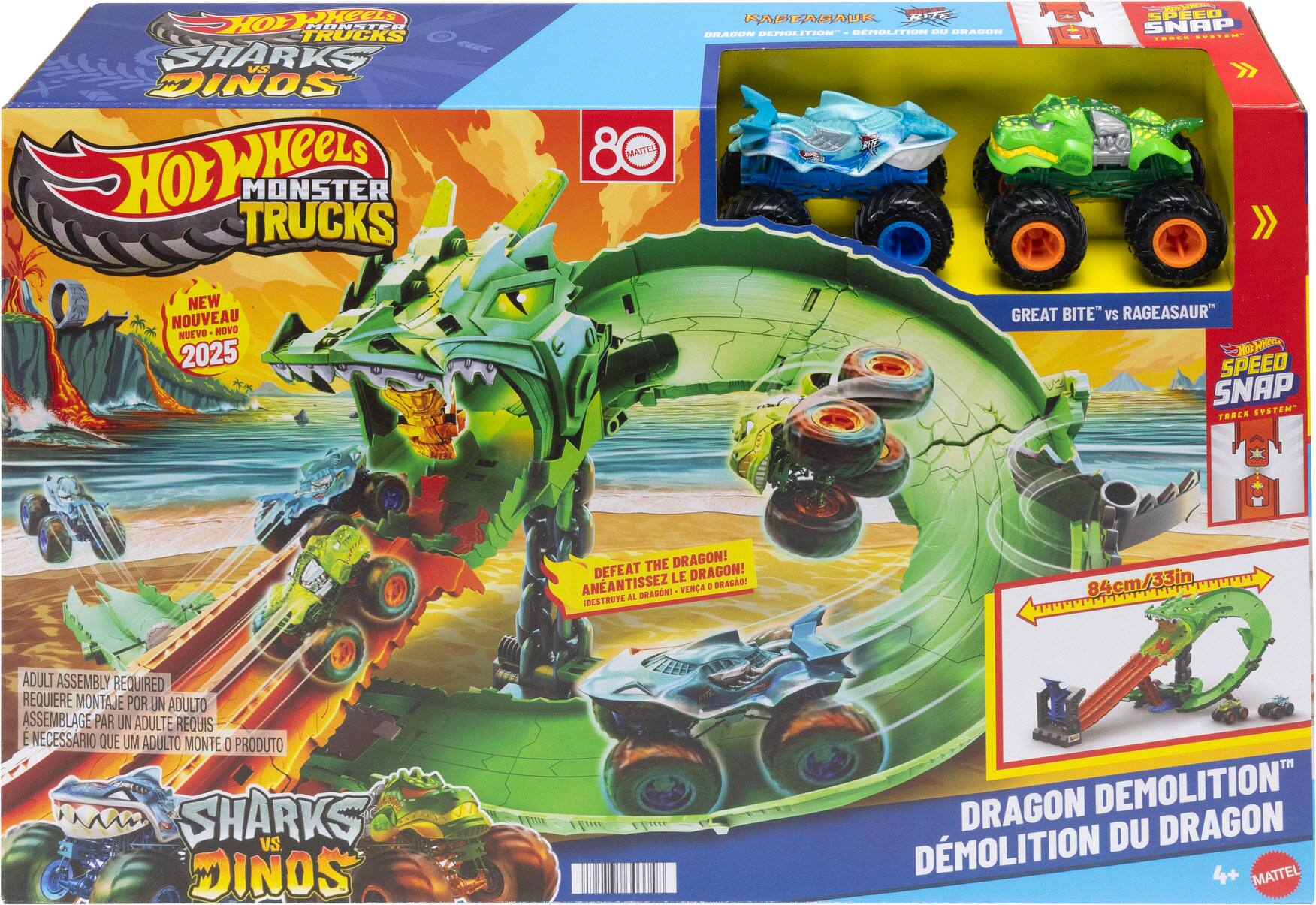 Sure, here is the corrected and grouped text from the image:

---

**Top Left:**
- Hot Wheels Monster Trucks
- Sharks vs Dinosaurs

**Top Right:**
- NEW NOUVEAU NUEVO NOVO 2025
- DRAGON DEMOLITION
- DRAGON DEMOLITION DU DRAGON

**Middle Left:**
- ADULT ASSEMBLY REQUIRED
- REQUIERE MONTAJE POR UN ADULTO
- ASSEMBLAGE PAR UN ADULTE REQUIS
- E NECESSARIO QUE UM ADULTO MONTE O PRODUTO

**Middle Right:**
- GREAT BITE™ vs RAGEASAUR™
- SPEED SNAP™ TRUCK SYSTEM™

**Bottom Left:**
- DEFEAT THE DRAGON!
- ANÉANTISSEZ LE DRAGON!
- DESTRUYE AL DRAGON! VENGA AL DRAGON!

**Bottom Right:**
- DRAGON DEMOLITION™
- DRAGON DEMOLITION DU DRAGON
- 4+
- MATTEL

**Size:**
- 84cm/33in

**Other Text:**
- Hot Wheels Monster Trucks
- Sharks vs Dinosaurs
