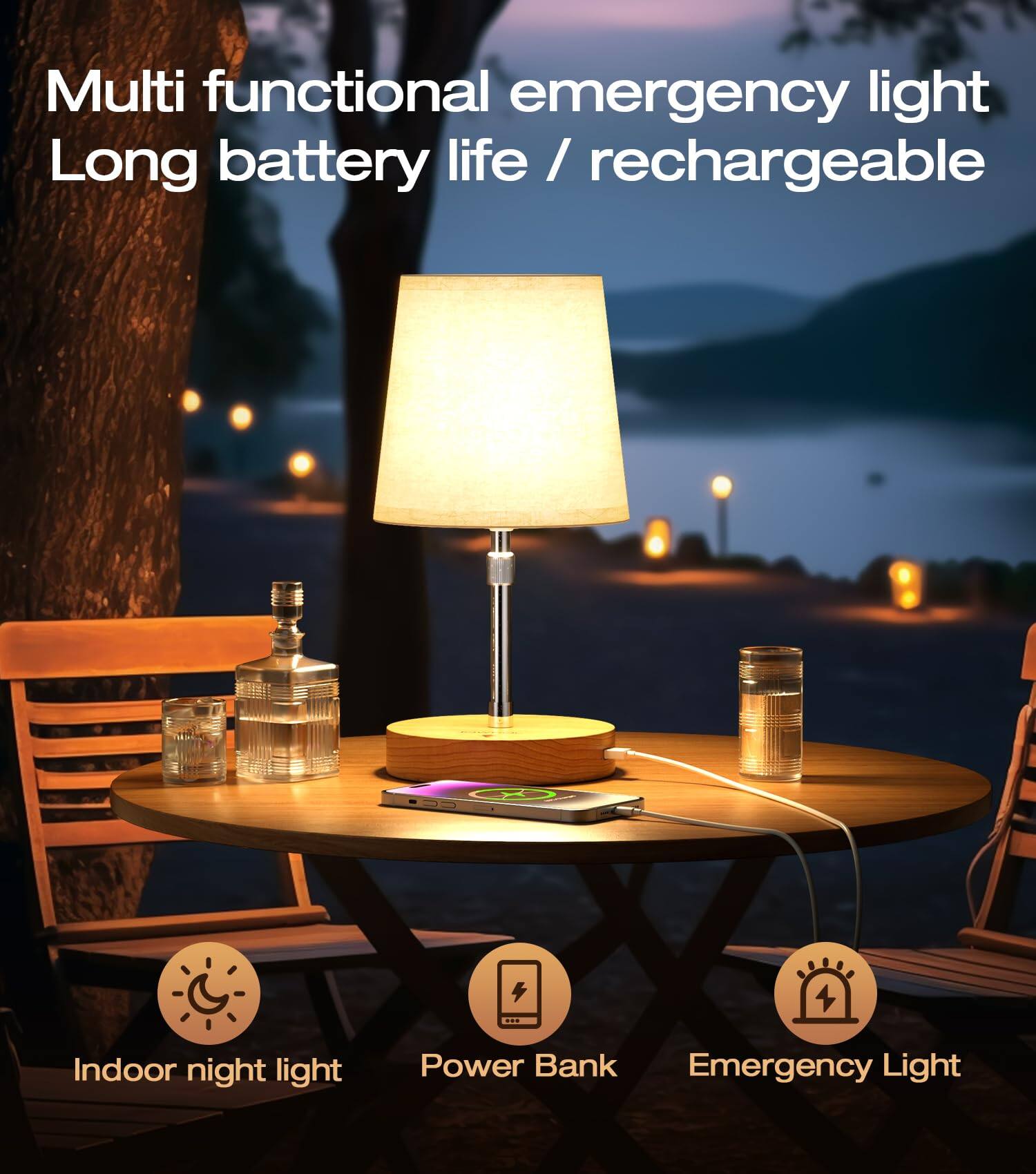 Multi functional emergency light  
Long battery life / rechargeable  

Indoor night light  
Power Bank  
Emergency Light