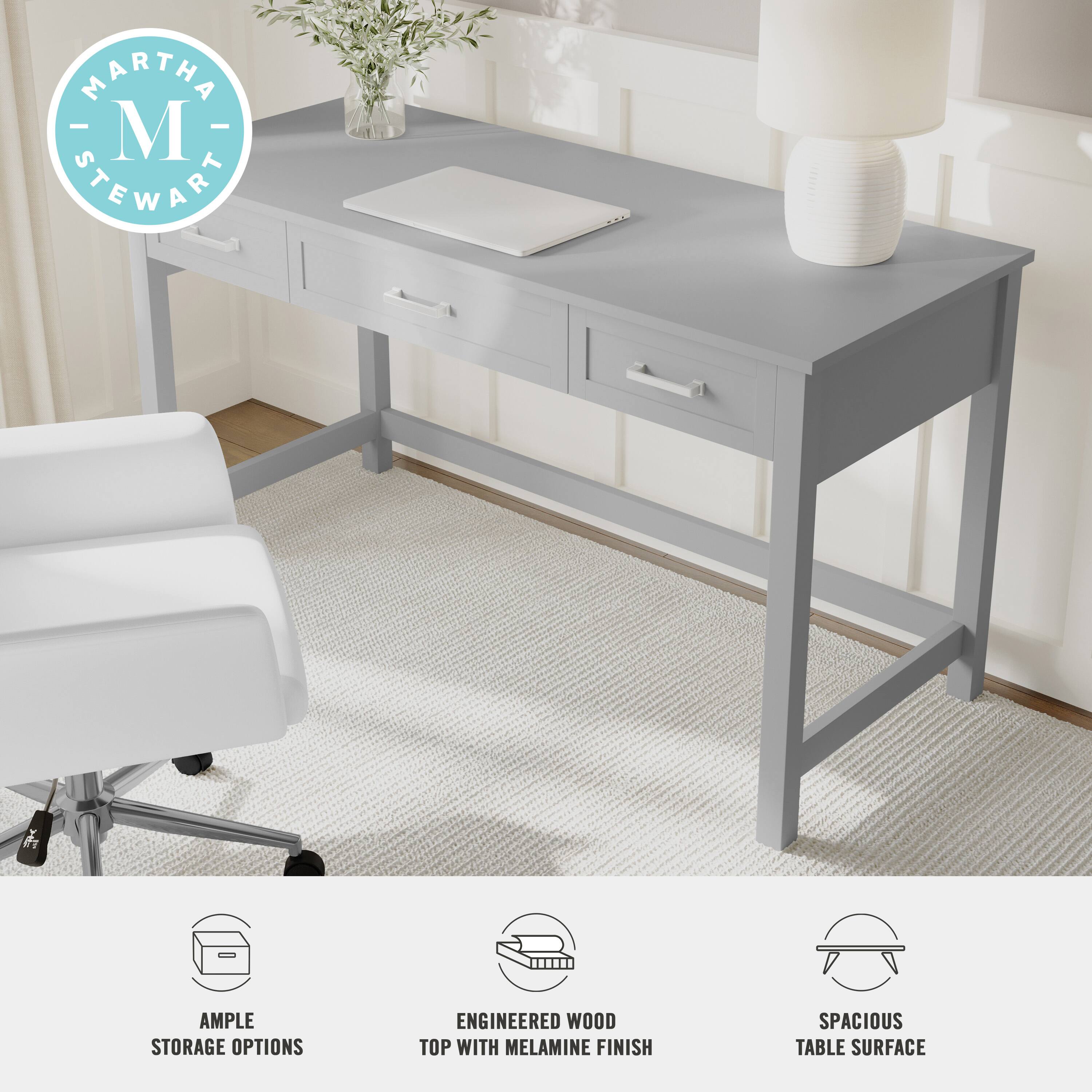 The text on the image reads: "Martha Stewart - Ample Storage Options - Engineered Wood Top with Melamine Finish - Spacious Table Surface."