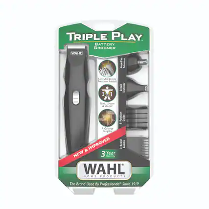TRIPLE PLAY BATTERY GROOMER
WAHL Nose/Ear Trimmer
Self-Sharpening Precision Blades
Detail Trimmer 3 in 1
Trim, Groom & Detail
.00000
5-Position Guide
9 Cutting Lengths
IMPROVED Beard Combs
NEW 3 Year Warranty
WAHL HOME PRODUCTS
The Brand Used By Professionals Since 1919