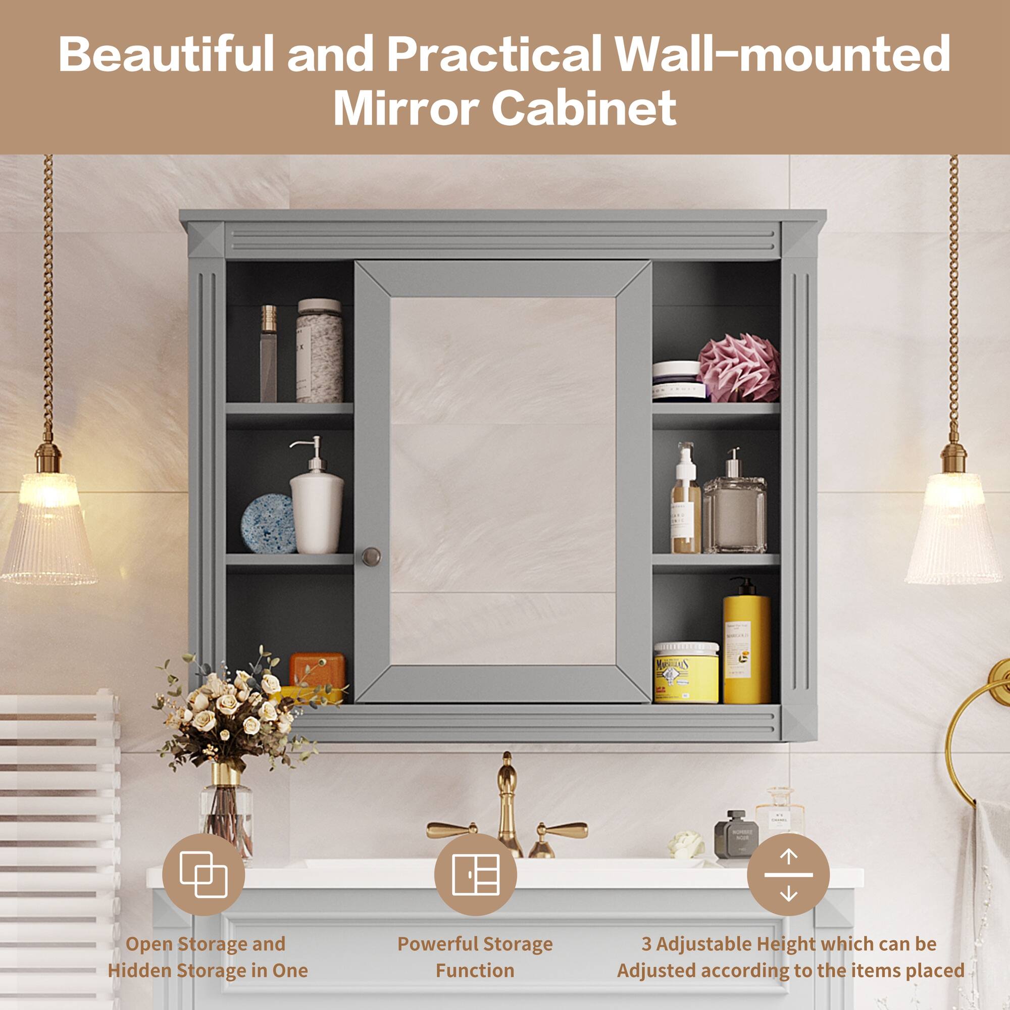 Beautiful and Practical Wall-mounted Mirror Cabinet

- Open Storage and Hidden Storage in One
- Powerful Storage Function
- 3 Adjustable Height which can be Adjusted according to the items placed