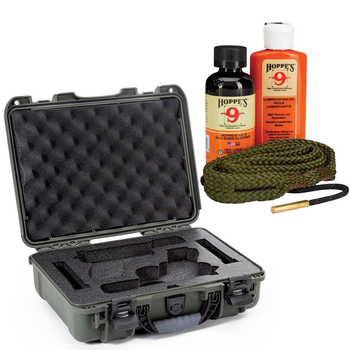 HOPPE'S  
THE GUNCARE PEOPLE  
LUBRICATING OIL  
HUILE LUBRIFIANTE  
9  
High Viscosity and Penetration  
Viscosité de pénétration  
GENCARE PEOPLE levies SANDA 1999  
for firearms, Fuhing remis NO. 9  
and of awainerbam  
HOPPE'S GUN CLEANER  
Pour Your BORE USA  
DANGER FLAVORE BARNELL
