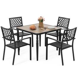 Nuu Garden - 5PCS Patio Metal Dining Set with Wood-Grain Tabletop and Umbrella Hole - Black