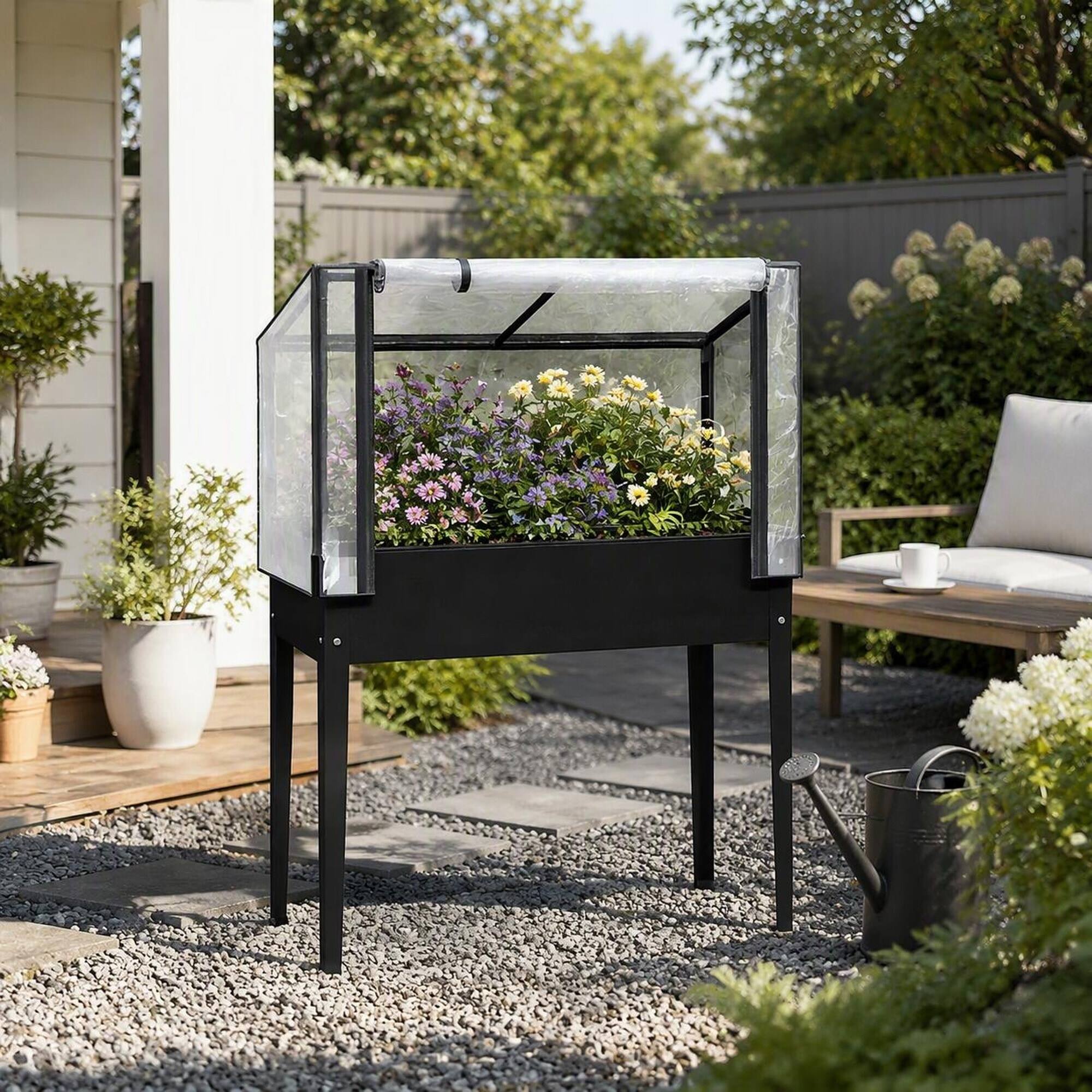 Left. RYHNUYNE - Raised Garden Bed with Mini Greenhouse Cover, 26 Gallon Elevated Planter Box on Legs for Patio and Backyard, 39.4 - Black.