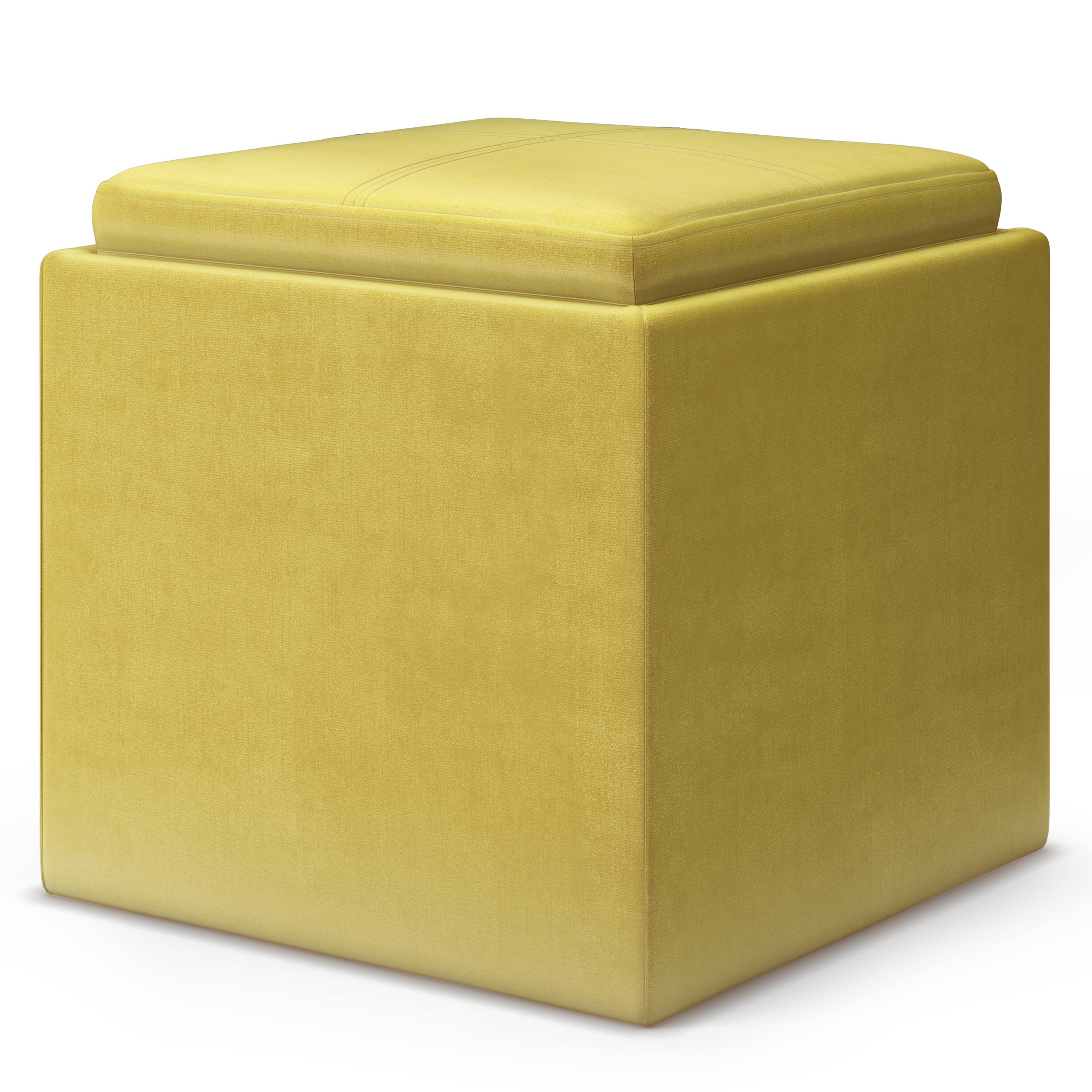 Angle. Simpli Home - Rockwood Cube Storage Ottoman with Tray - Dijon Yellow.