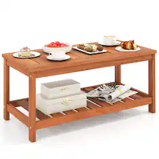 Front. Gymax - Gymax Hardwood Outdoor Patio Coffee Table 2-Tier Coffee Table w/ Slat Tabletop & Storage Shelf Natural - Natural.