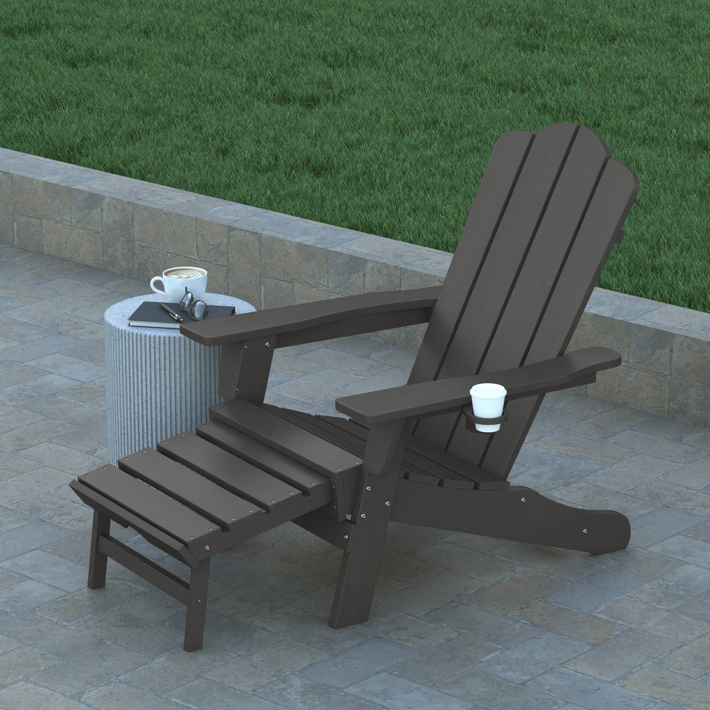 Alt View 3. Emma + Oliver - Haley Adirondack Chair with Cup Holder and Pull Out Ottoman, All-Weather HDPE Indoor/Outdoor Lounge Chair - Gray.