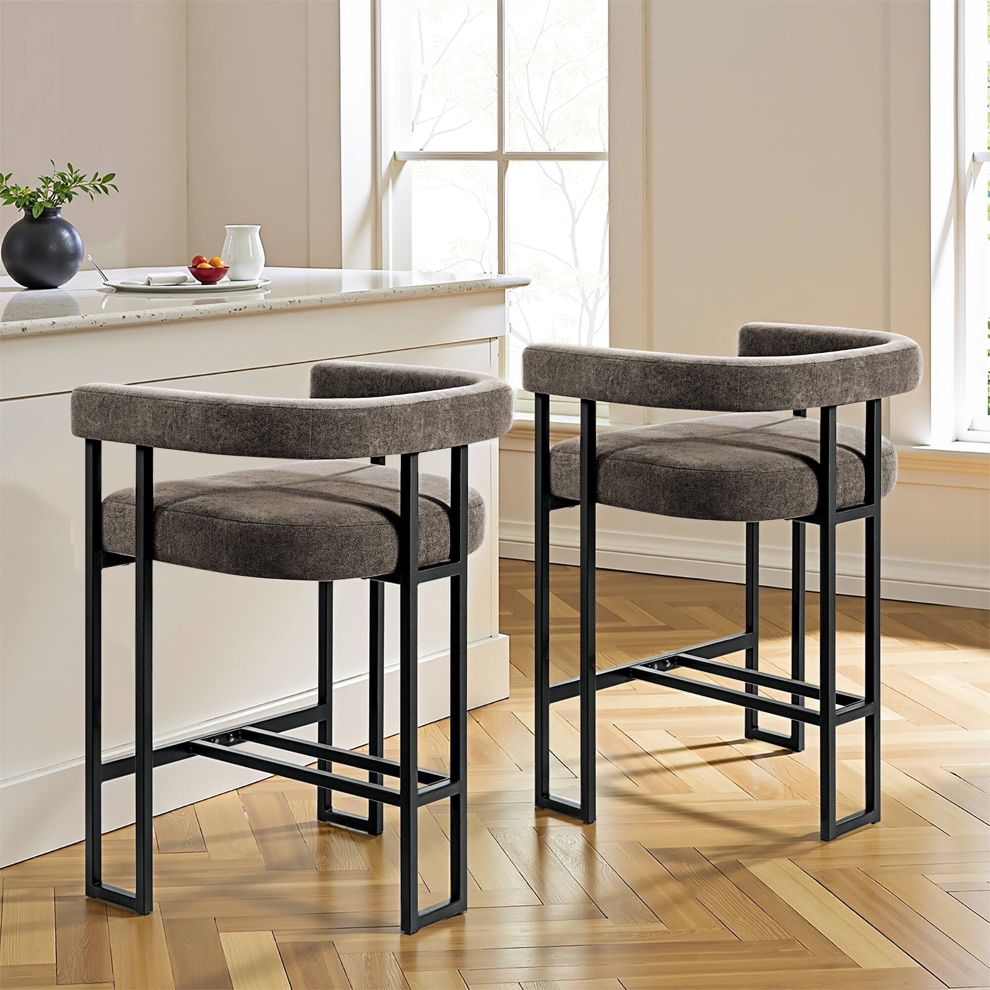 KERDOM - 26'' Height Cloud Velvet Pub Bar Seats, Kitchen Island Stools with Arms Bar Stools Set of 2, Counter Padded High Chair - Cement Grey