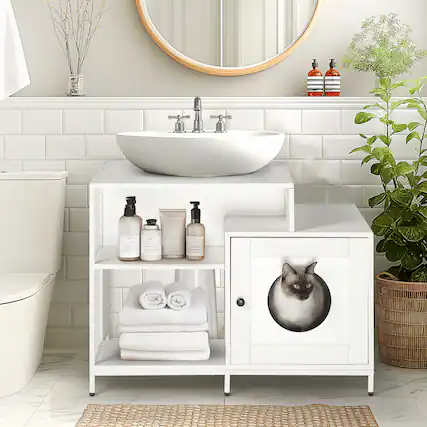 Front. Yardgrace - Hidden Cat Litter Enclosure for Bathroom Washroom Cabinet with Divider Indoor Pet House White - White.