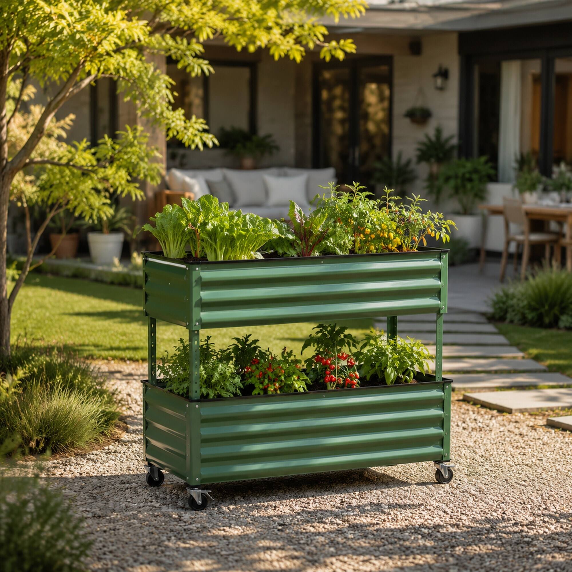 Left. RYHNUYNE - Elevated Metal Raised Garden Bed with Lockable Wheels, Green Two-Tier Self-Watering Planter Box for Vegetables - Green.