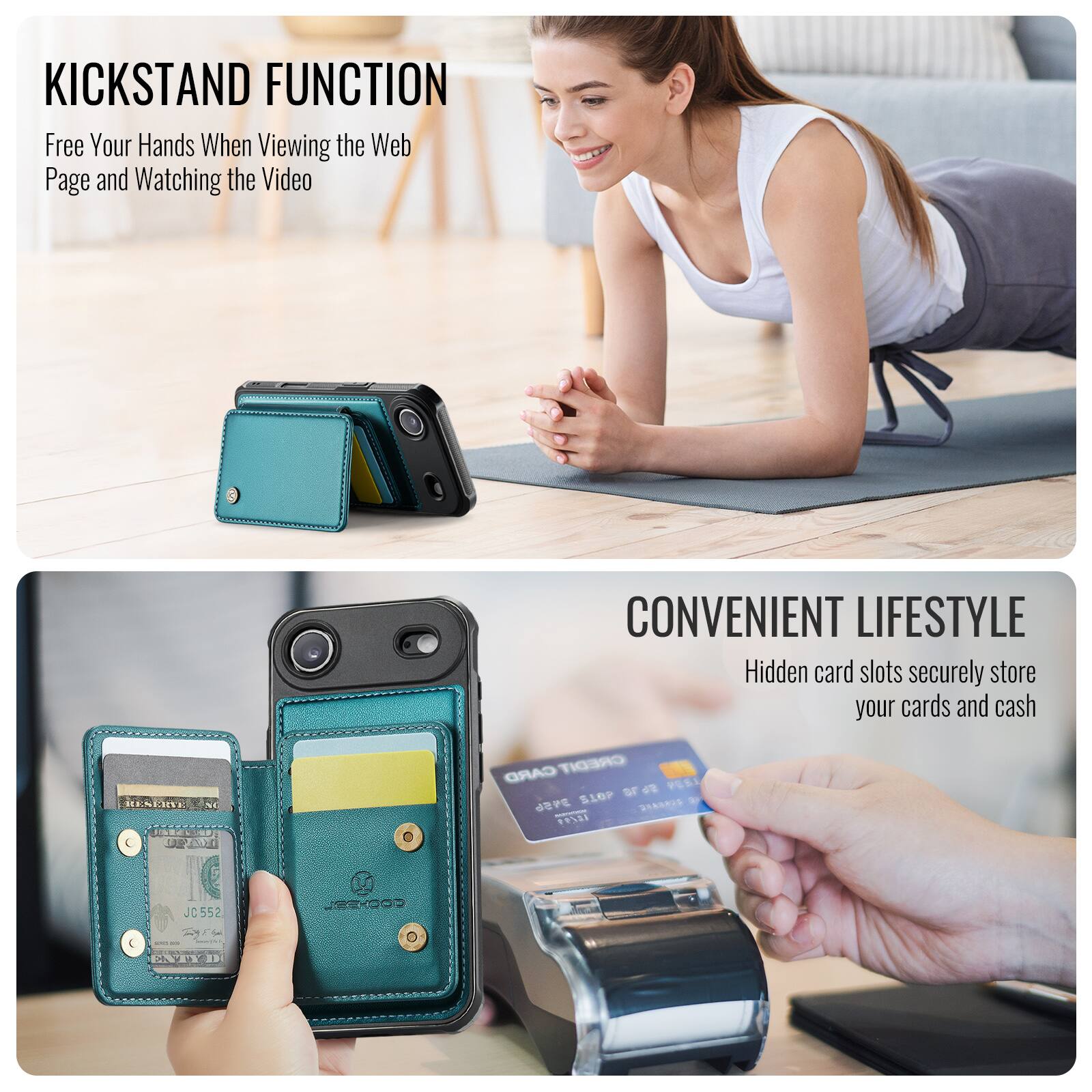 KICKSTAND FUNCTION  
Free Your Hands When Viewing the Web Page and Watching the Video  

CONVENIENT LIFESTYLE  
Hidden card slots securely store your cards and cash  

ENERTE CARD CREDIT  
PESI S1OP or dE DS FPSE JC552 JC CODHERL - NT 33