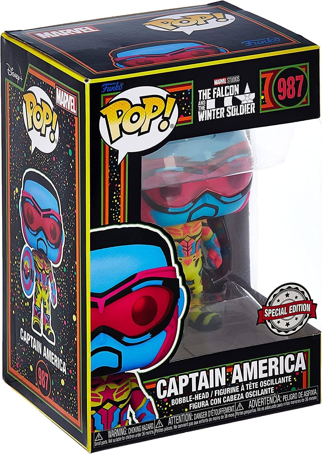 MARVEL STUDIOS Funko POP! CAPTAIN AMERICA 987 SPECIAL EDITION  
THE FALCON AND THE WINTER SOLDIER  

BOBBLE-HEAD / FIGURINE À TÊTE OSCILLANTE / FIGURA CON CABEZA OSCILANTE / ATTENTION: DANGER D'ÉTOUFFEMENT / ADVERTENCIA: PELIGRO DE ASFIXIA  

WARNING: CHOKING HAZARD - Small parts. Not for children under 3 years.  
ATTENTION: DANGER - ÉTOUFFEMENT. Ne convient pas aux enfants de moins de 3 ans.  
ADVERTENCIA: PELIGRO DE ASFIXIA. No es adecuado para niños menores de 36 meses.