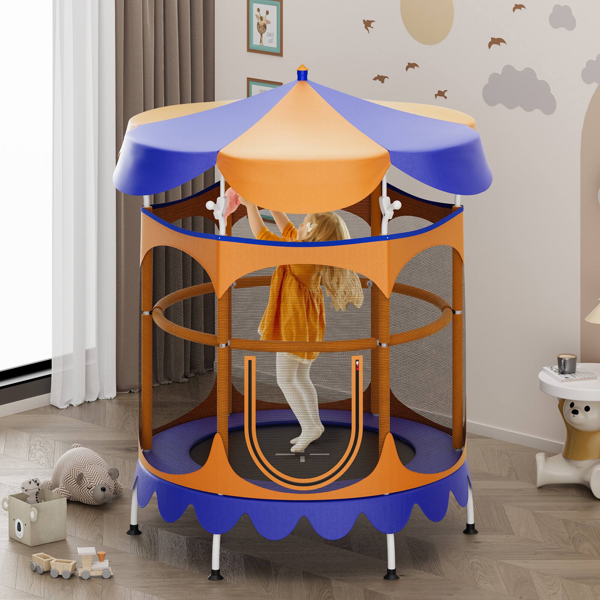 Alt View 2. Gymax - Gymax 64'' Kids Trampoline w/ Detachable Canopy Safety Enclosure Net Foam Handle Orange - Orange, Blue.