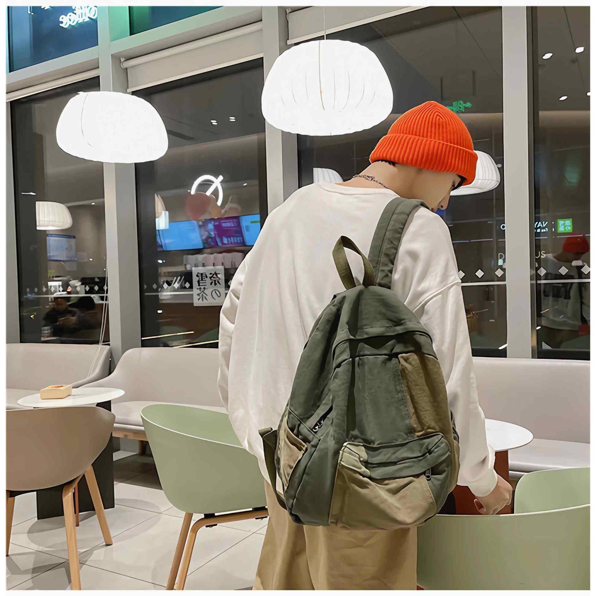 Back. Cozy Serene - Vintage Aesthetic Canvas Backpack For Women Men  Hippie Green Small Rucksack Boho Grunge Bags Lightweight Day Pack - Default.