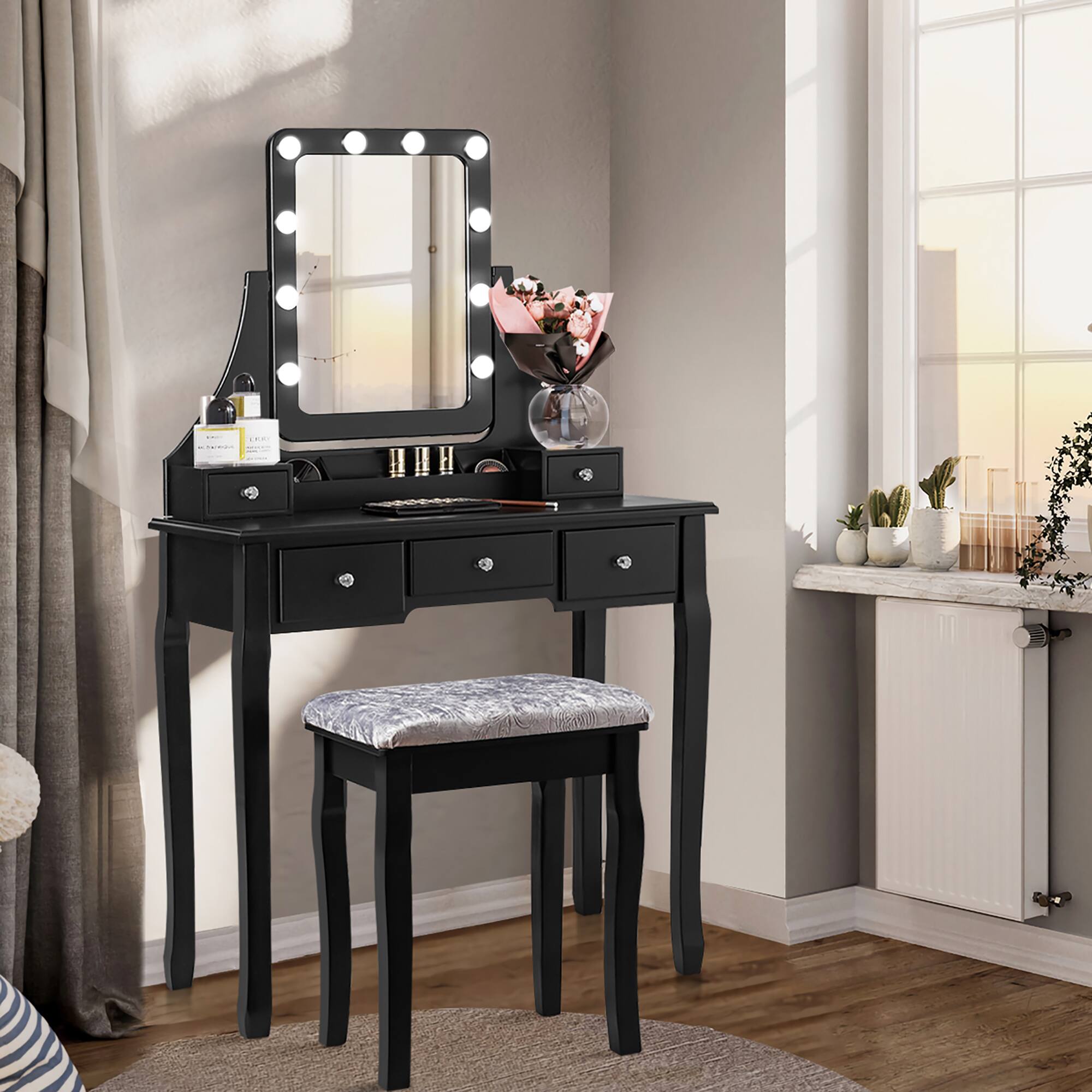 Alt View 1. Costway - Costway Vanity Dressing Table Set w/ 10 Dimmable Bulbs Touch Switch Cushion Stool - Black.