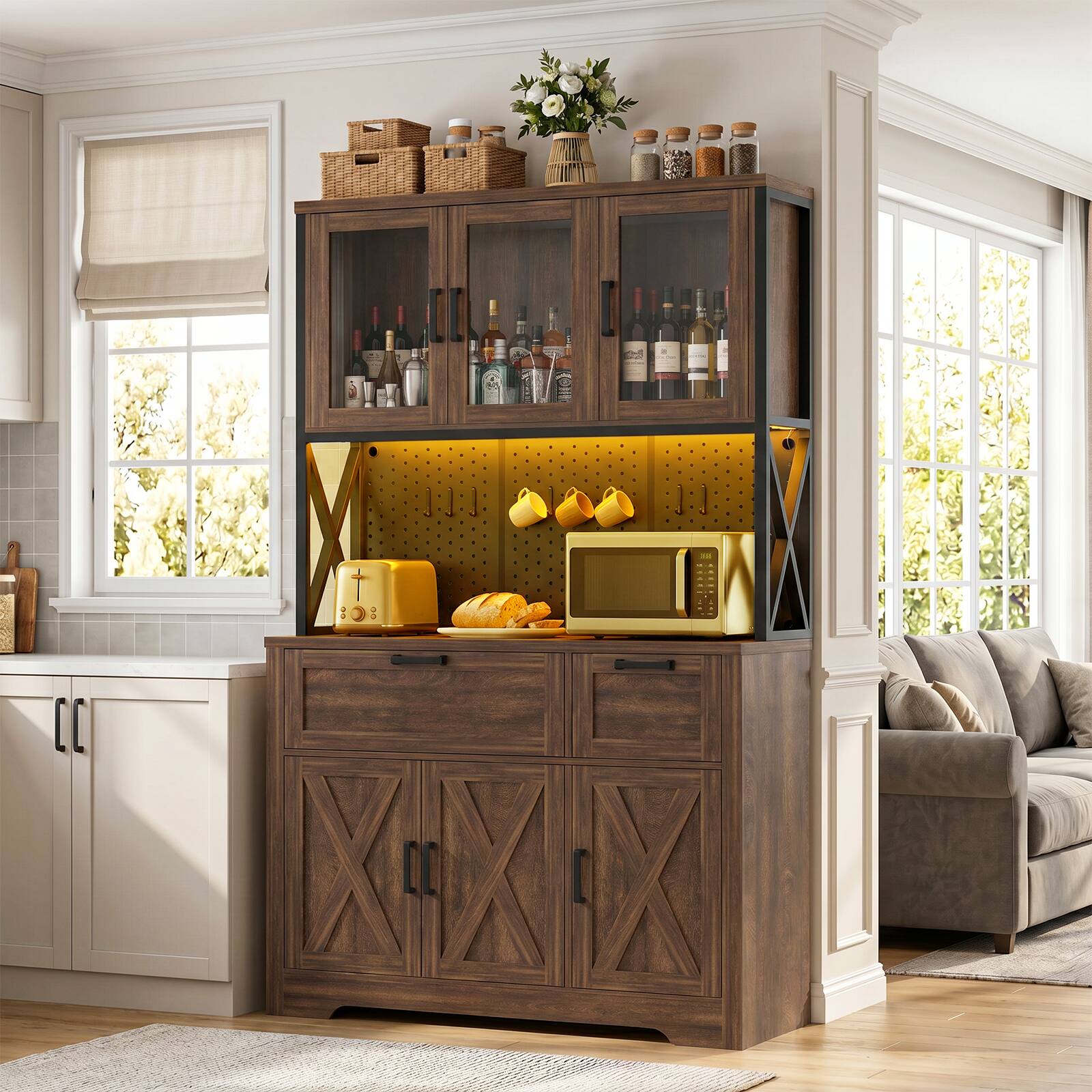 Alt View 2. Aheaplus - 71'' Tall Pantry Cabinet, 39.4'' Wide Pantry with 2 Drawers, Charging Station, and LED Lights - Weathered Brown.