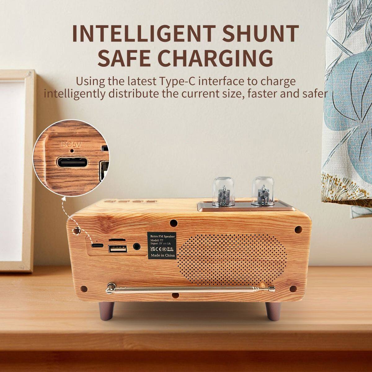 INTELLIGENT SHUNT SAFE CHARGING

Using the latest Type-C interface to charge intelligently distribute the current size, faster and safer

DC5V

Retro FM Speaker
Model: T1
Made in China