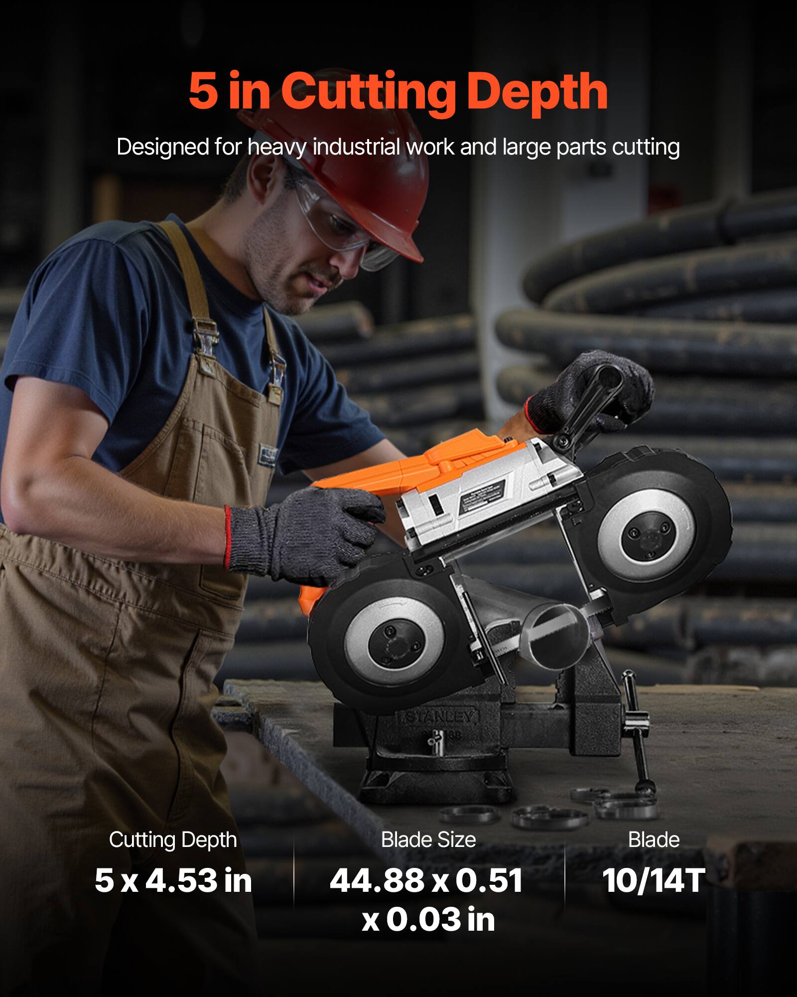 5 in Cutting Depth  
Designed for heavy industrial work and large parts cutting  

STANLEY  
Cutting Depth 5 x 4.53 in  
Blade Size 44.88 x 0.51 x 0.03 in  
Blade 10/14T