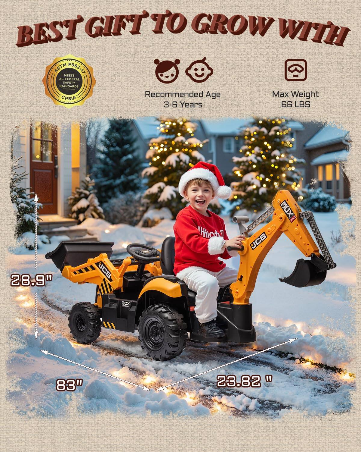 BEST GIFT TO GROW WITH

ASTM F963-17 MEETS U.S. FEDERAL SAFETY STANDARDS

Recommended Age: 3-6 Years

Max Weight: 66 LBS

Dimensions:
- 28.9"
- 83"
- 23.82"