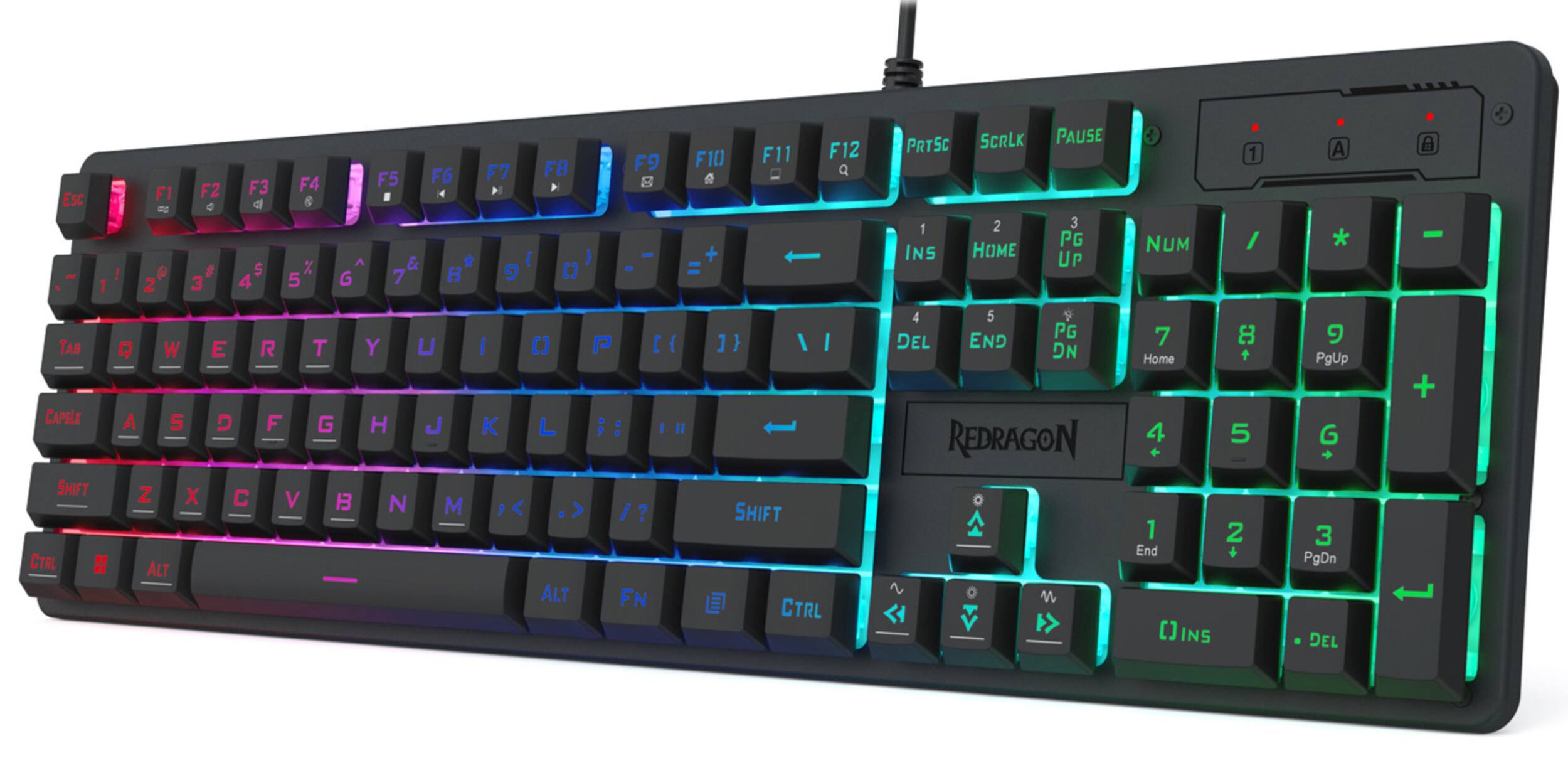 Sure, here is the corrected and grouped text from the image:

**Top Row:**
- ESC
- F1 d 0 2 F2 4 & 3 F3 4 5 4 F4 5 % 5 G F5 & 7 FG 4 * 8 F7 P FB [] ) F9 - - F10 + = F11 1 F12 PRTSC SCRLK 1 2 INS HOME PAUSE 3 PG UP NUM 1 A * TAB CAPSLK SHIFT CTRL " Q W A 5 Z X ALT E D C R F V T G 1 Y H N U J M I K [] P [{ [ L ; .> /? ALT FN 1} I SHIFT CTRL 4 5 PG DEL END DN REDRAGON M 7 Home 4 1 End [] INS EC 5 2 PgUp G 3 PgDn DEL +

**Keyboard Layout:**
- 1 2 3 4 5 6 7 8 9 0 - = DEL
- Q W E R T Y U I O P [ ] \
- A S D F G H J K L ; ' \
- Z