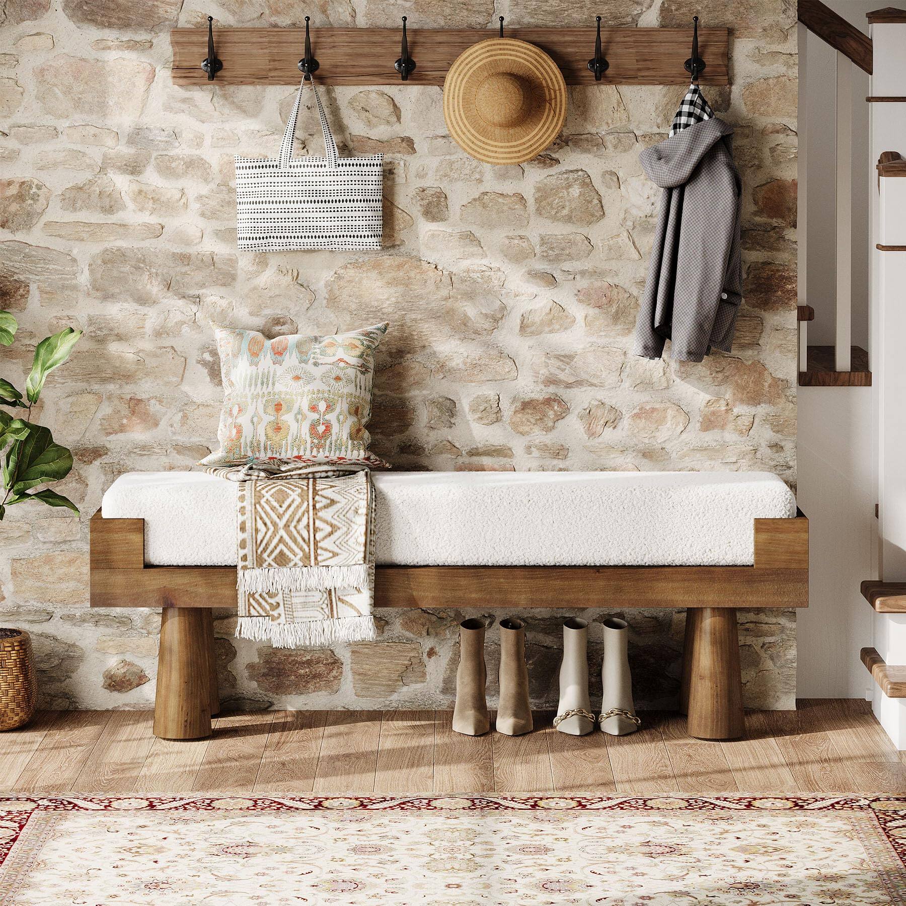 Back. Tribesigns - Upholstered Entryway Bench, Shoe Bench End of Bed for Bedroom - Brown and White.