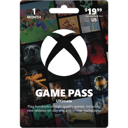 The text on the image reads: "1 MONTH $19.99 99 Estimated Retail Price US GAME PASS Ultimate Play hundreds of high-quality games, including new releases on day one and online multiplayer."