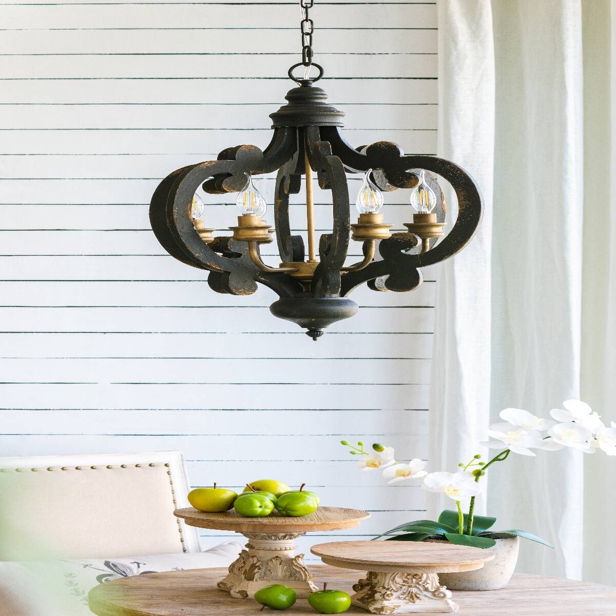 Alt View 2. Loheer - Loheer Six Light French Country Wood Chandelier with Adjustable Chain for Kitchen or Foyer.