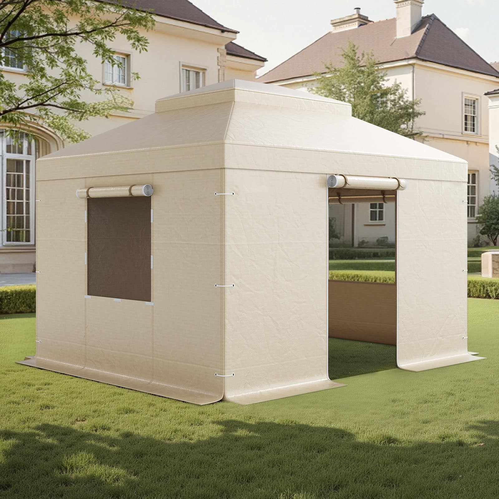 VEVOR - Winter Gazebo Cover Fits 10 x 12 ft Hardtop Gazebos,All-Weather Double-Tiered Gazebo Cover with Sidewalls & Mesh Windows - Beige