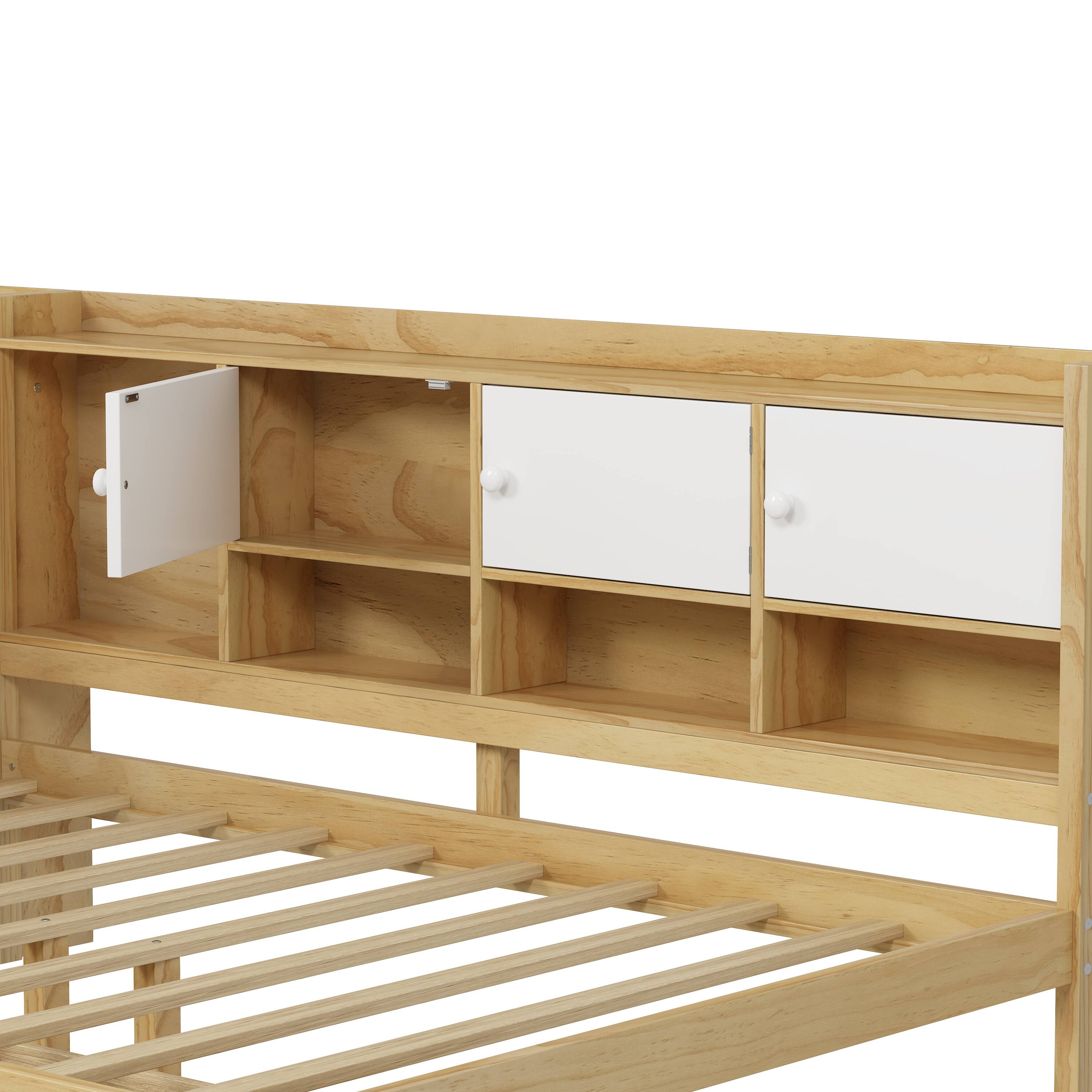 Alt View 5. Tiramisubest - Wooden L-Shape Daybed with Storage Cabinets and Drawers, Multi-functional Bed with Study Desk and Built-in Bookshelf - Natural+White.