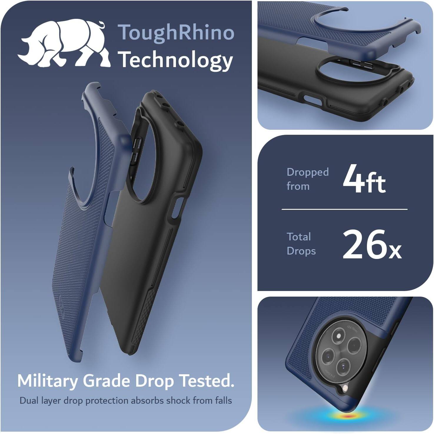 ToughRhino Technology

Military Grade Drop Tested.
Dual layer drop protection absorbs shock from falls.

Dropped from 4ft
Total Drops 26x