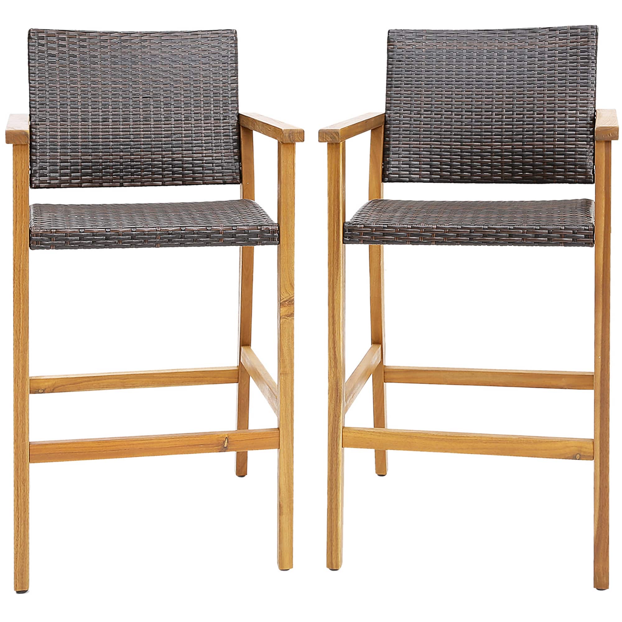 Costway - 2PCS Patio PE Wicker Bar Chairs Height Barstools with Acacia Wood Armrests Balcony - Teak,Brown