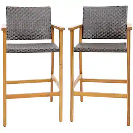 Costway - 2PCS Patio PE Wicker Bar Chairs Height Barstools with Acacia Wood Armrests Balcony - Teak,Brown