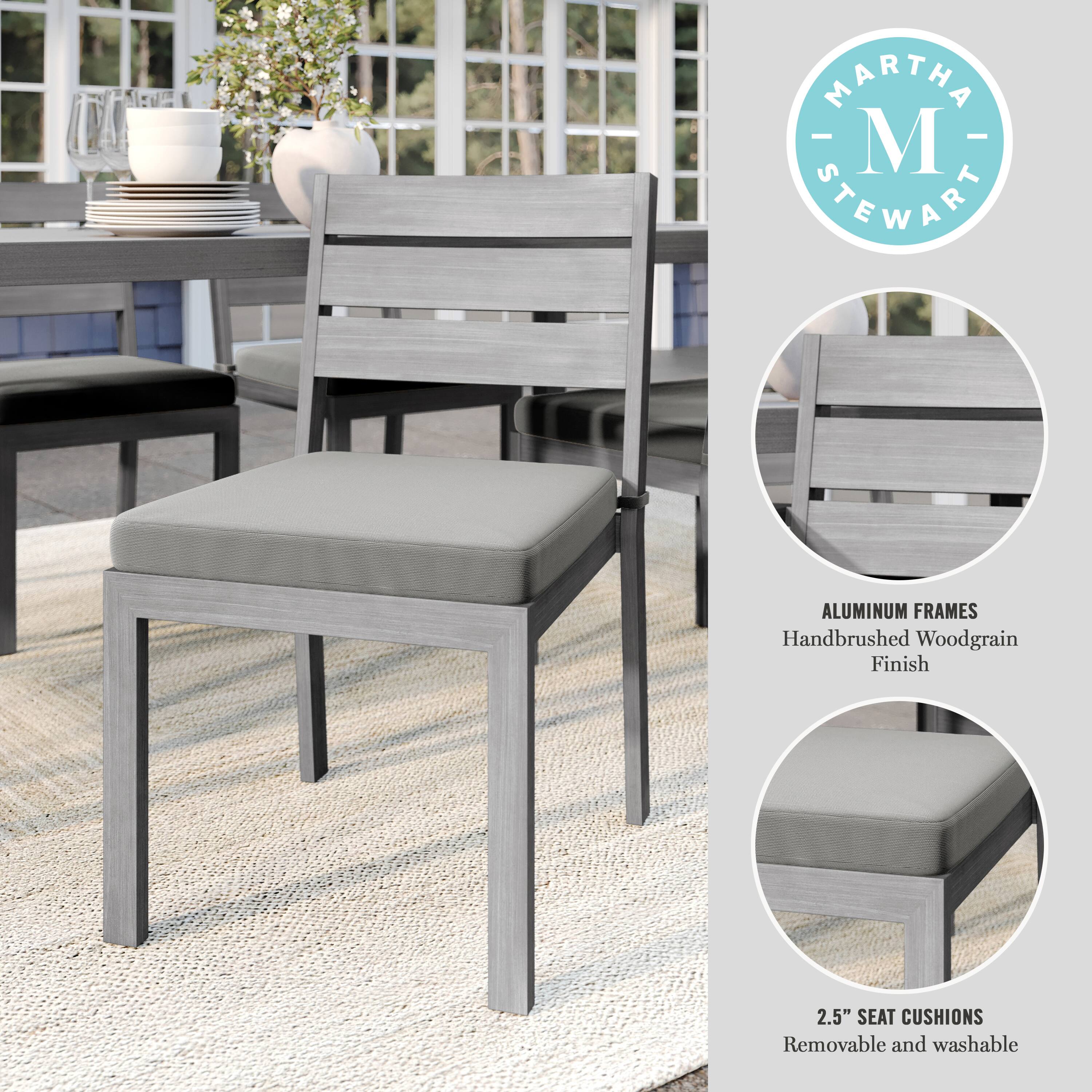 "Martha Stewart Aluminum Frames Handbrushed Woodgrain Finish 2.5" Seat Cushions Removable and Washable."