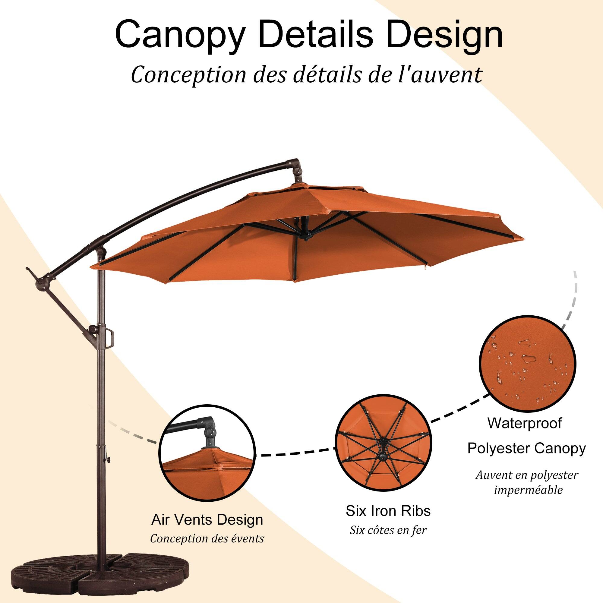 Canopy Details Design  
Conception des détails de l'auvent  

Air Vents Design  
Conception des événements  

Six Iron Ribs  
Six côtés en fer  

Waterproof Polyester Canopy  
Auvent en polyester imperméable