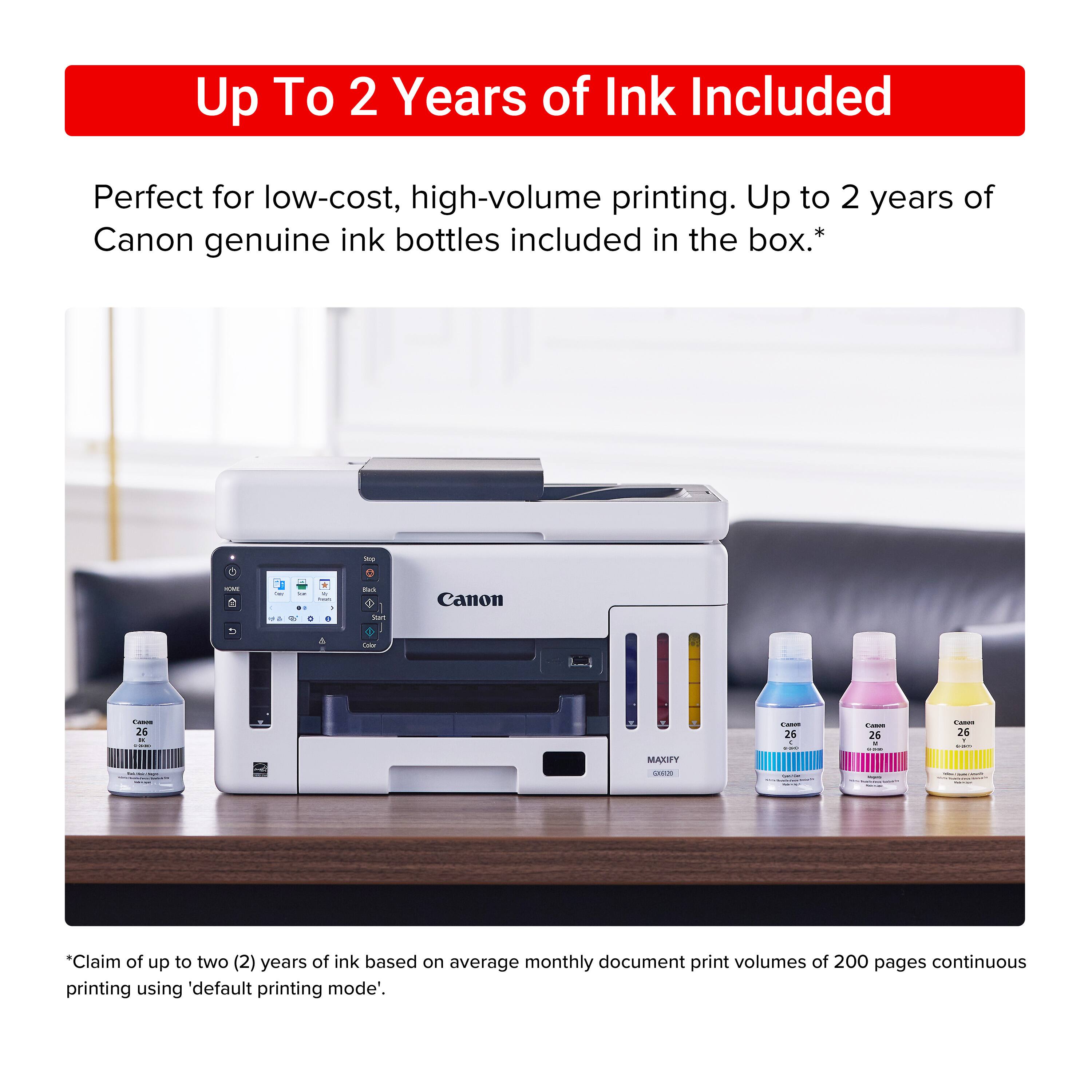 Up to 2 years of ink included. Perfect for low-cost, high-volume printing. Up to 2 years of Canon genuine ink bottles included in the box.