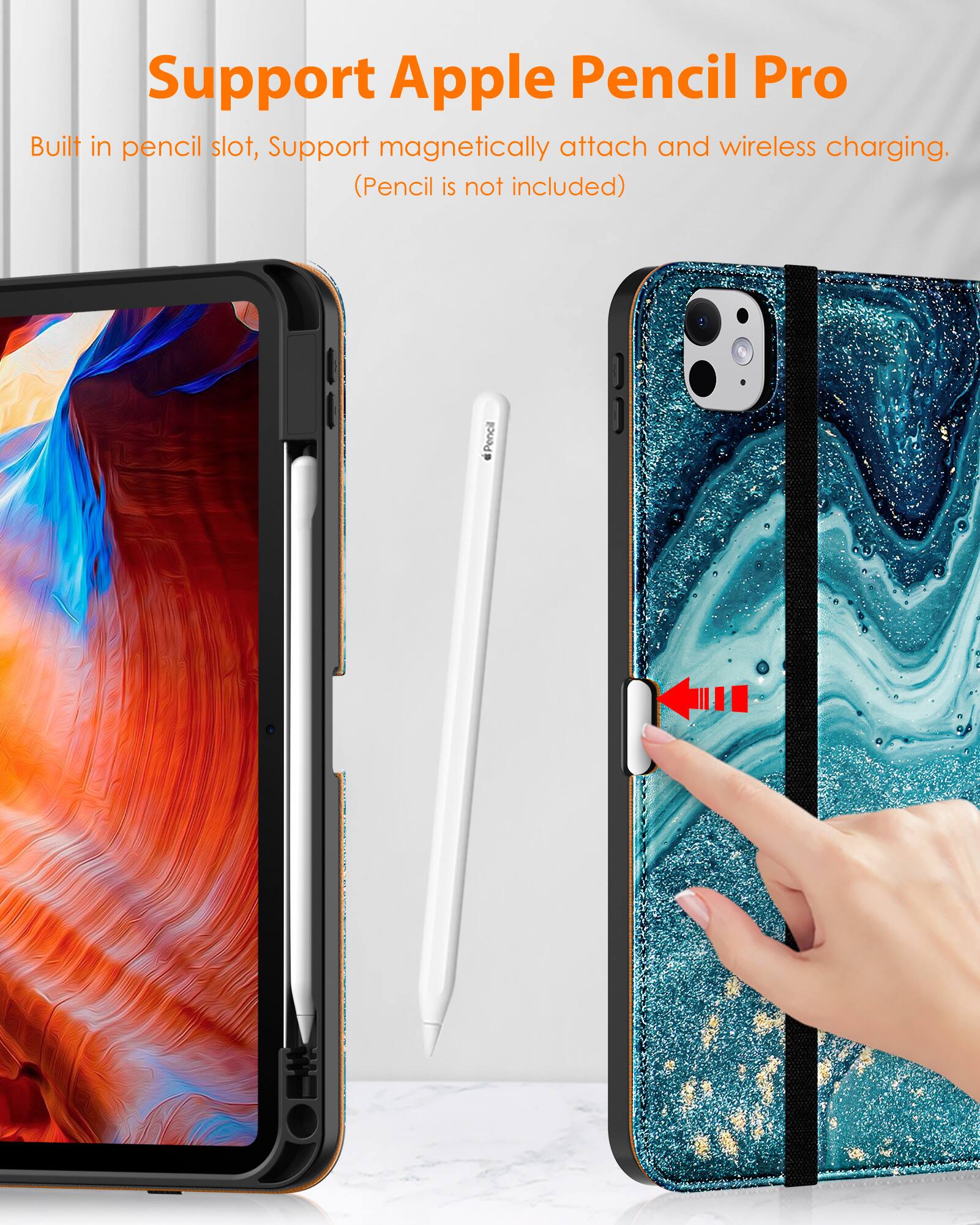 Support Apple Pencil Pro  
Built in pencil slot, Support magnetically attach and wireless charging.  
(Pencil is not included)