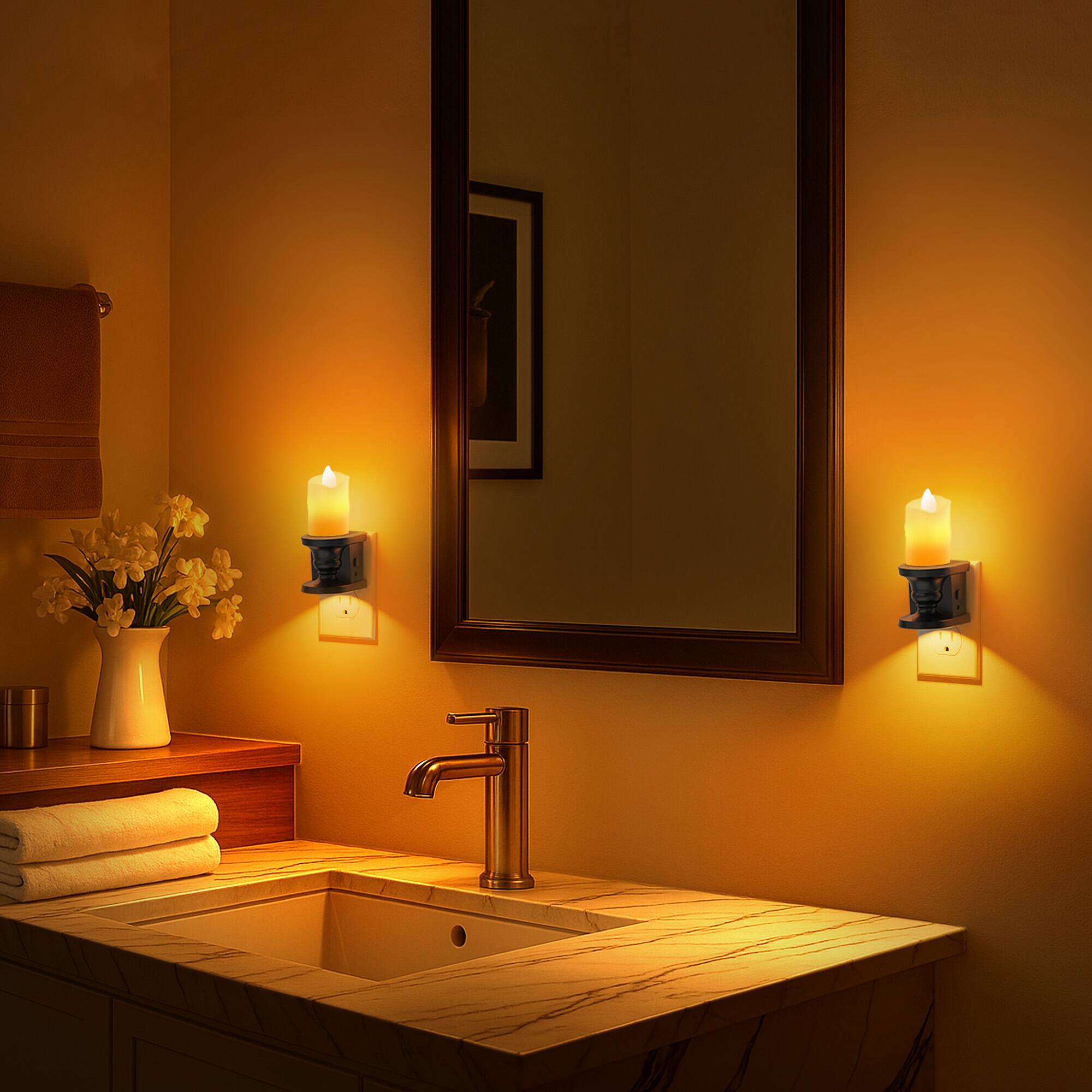 Alt View 3. Jandcase - JANDCASE 2-Pack 2W  Plug-in Night Light, Amber Glow, Slim Candle with Flicker Effect, Up/Down Light, Slide Dimmer - Black.