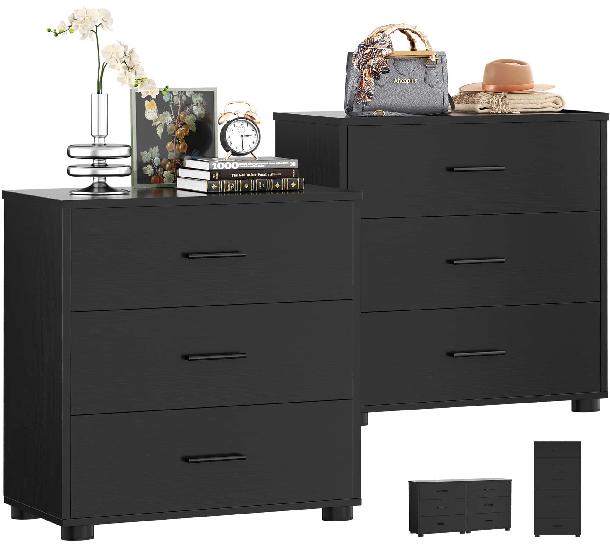 Aheaplus - 2-Pack Wooden Closet Organizer - 3 Drawers, Multifunctional Bedside Nightstand for Bedroom - Black