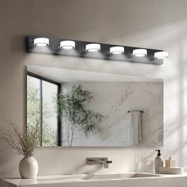 RYHNUYNE - 45" LED Bathroom Vanity Light,6‑Light Modern Wall Lighting Fixture with Round Acrylic Shade for Bathroom - Black
