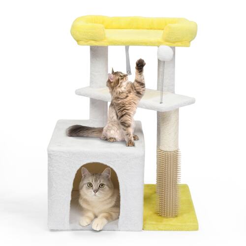 Alt View 7. Winado - 27inch Small Cat Tower with Scratching Post, Ball, Cat Condo, Padded Top Bed for Indoor Kittens Cats Indoor Activity - Yellow & White.